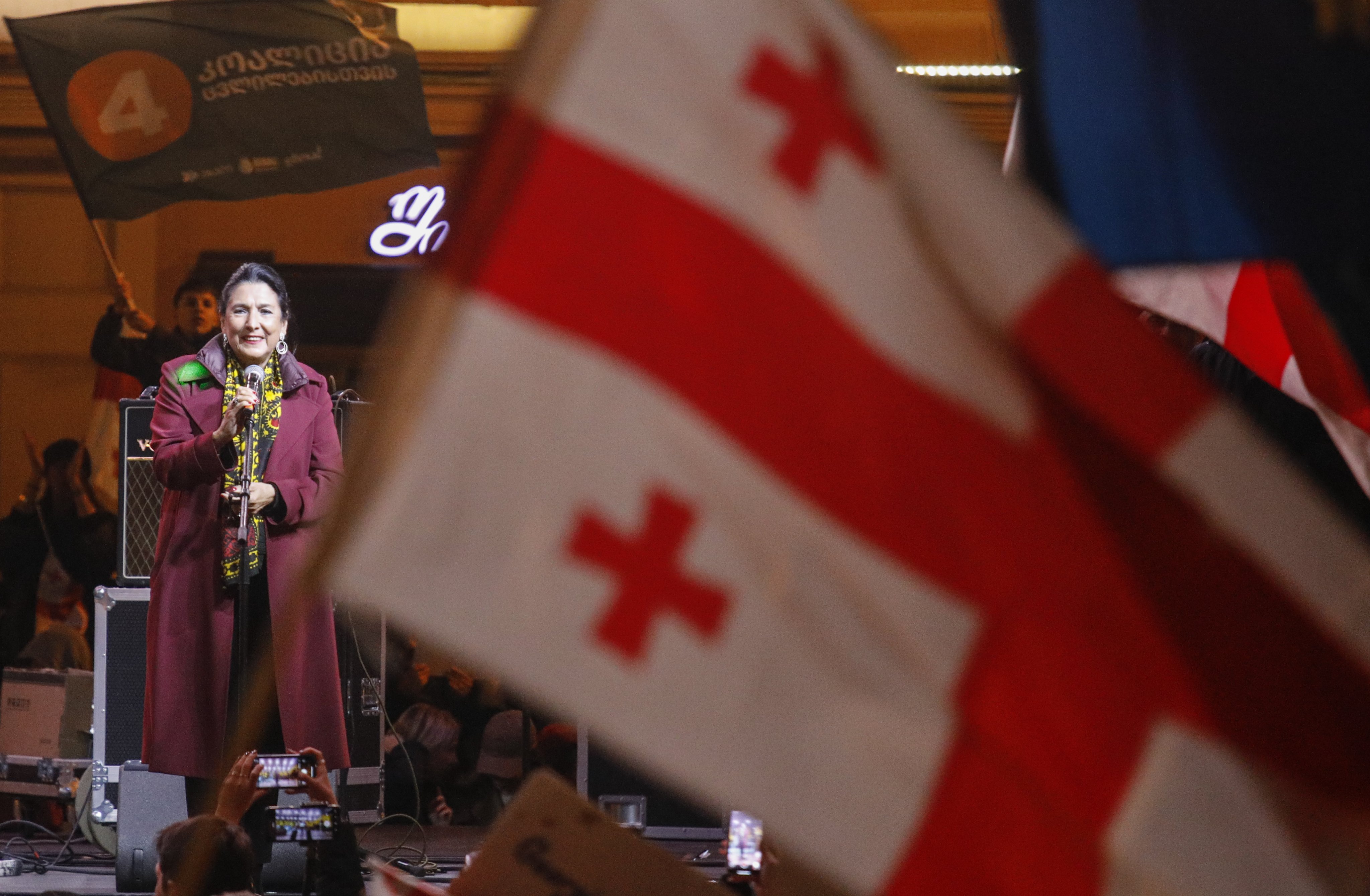 Georgian President Salome Zourabichvili speaks at the pro-Europe rally in Tbilisi. Photo: EPA-EFE