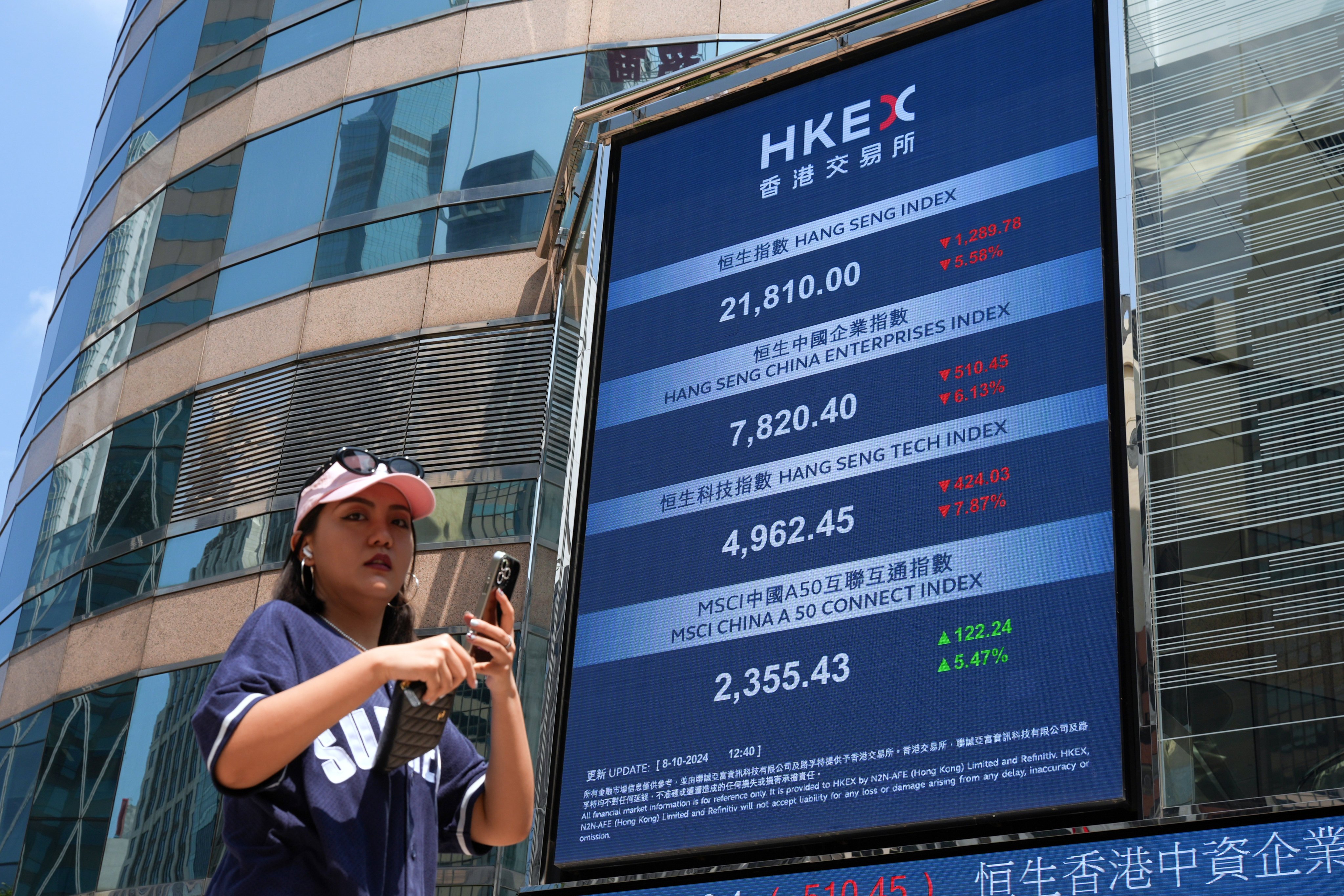 Stock information displays outside Exchange Square, the home of the Hong Kong stock exchange, on October 8, 2024. Photo: Eugene Lee