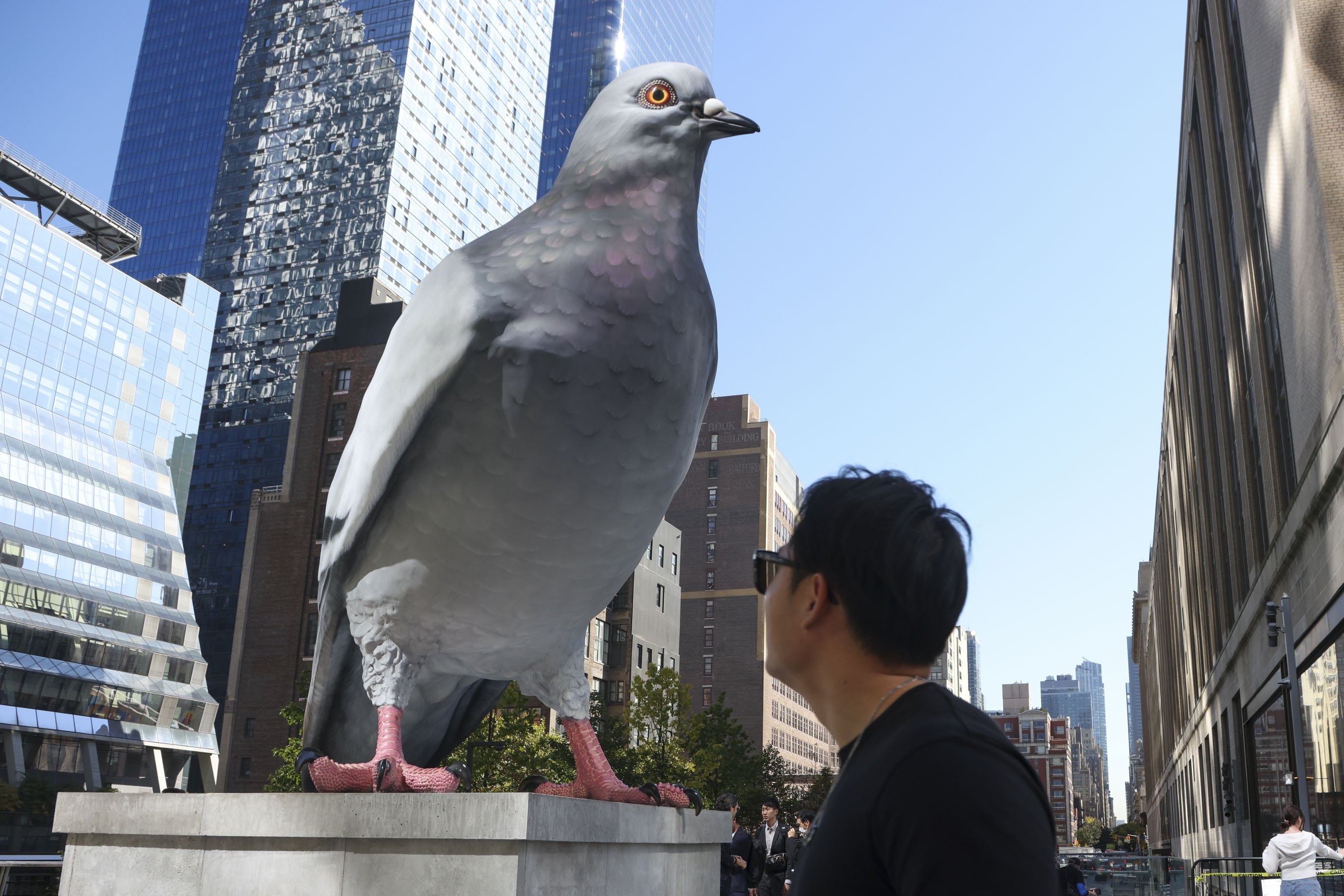 A person walks past a giant pigeon statue, called Dinosaur, created by Colombian artist Iván Argote, on the High Line in New York on October 21, 2024. Photo: Getty Images via AFP