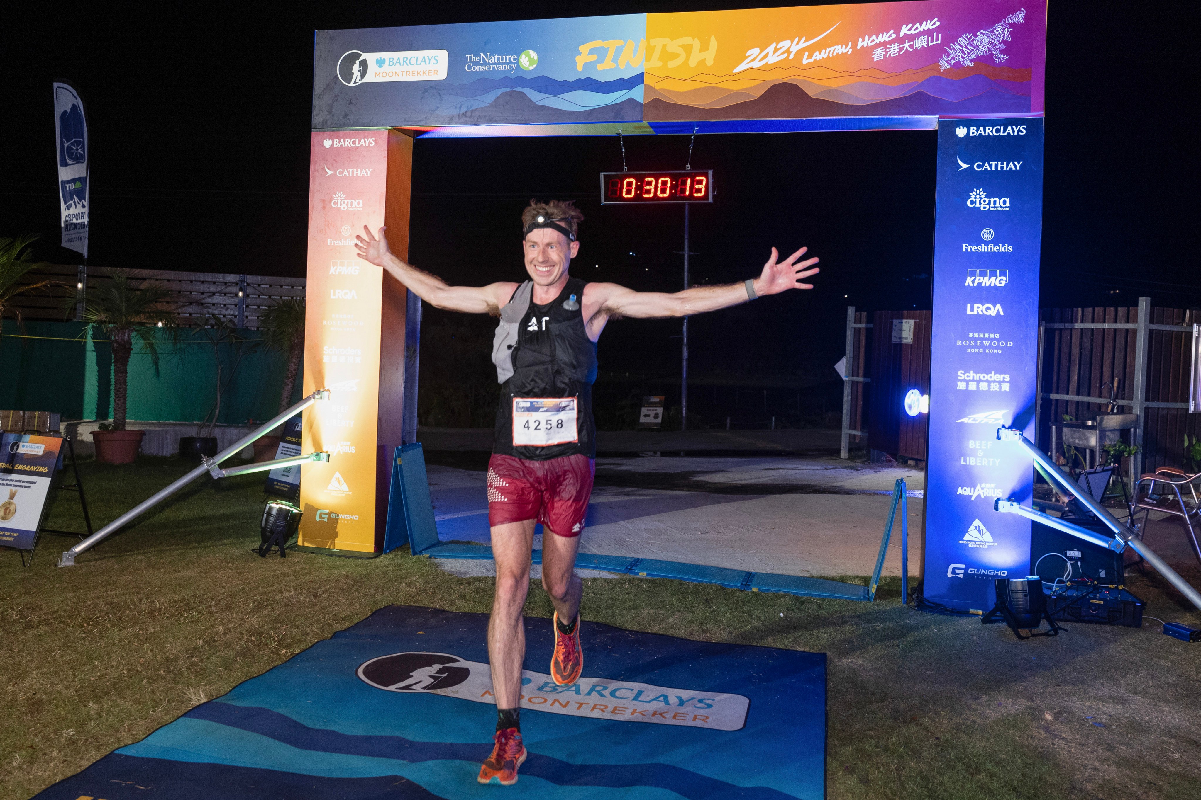 Jeff Campbell crosses the finish line in first place at the Barclays MoonTrekker 2024 in Lantau, Hong Kong last weekend. Photo:  MoonTrekker