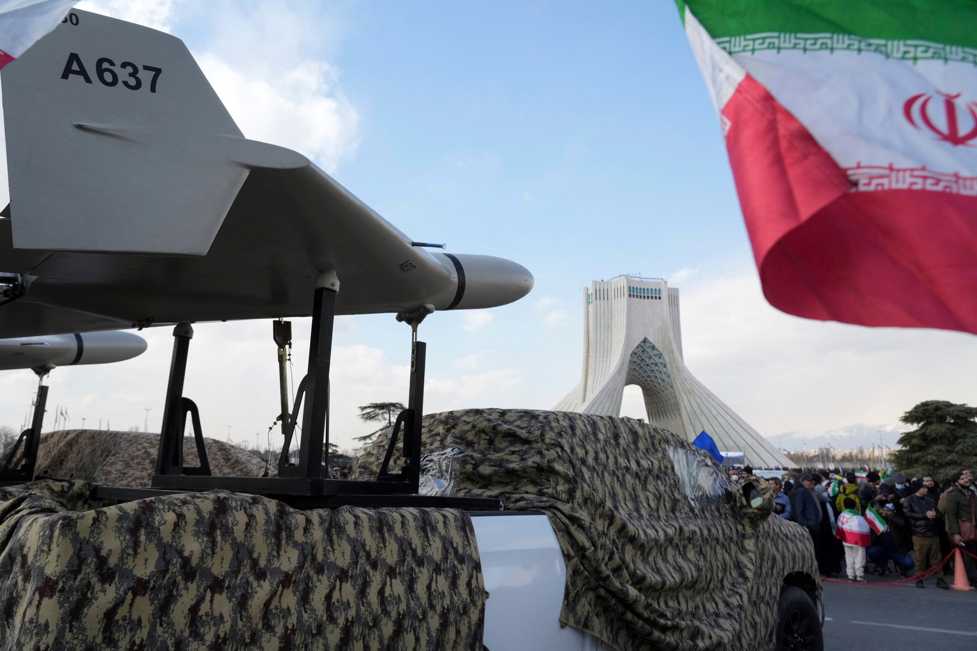 An Iranian domestically built drone is displayed during the annual rally commemorating Iran’s 1979 Islamic Revolution in Tehran on February 11, 2023. Iran’s drone-development programme has raised concerns in Washington. Photo: AP