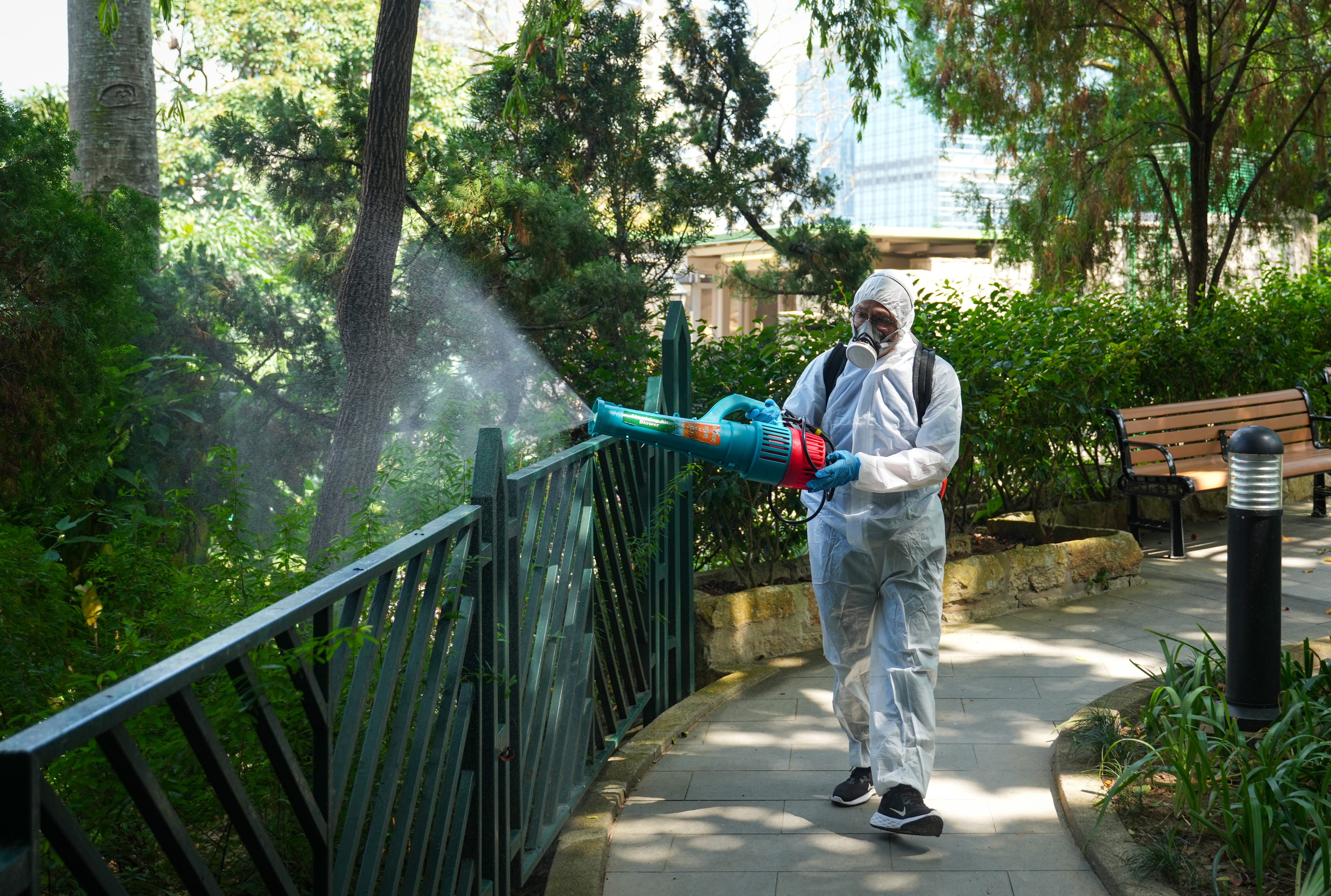 Staff carry out disinfection work at Hong Kong Zoological and Botanical Gardens in Central. Photo: Sam Tsang