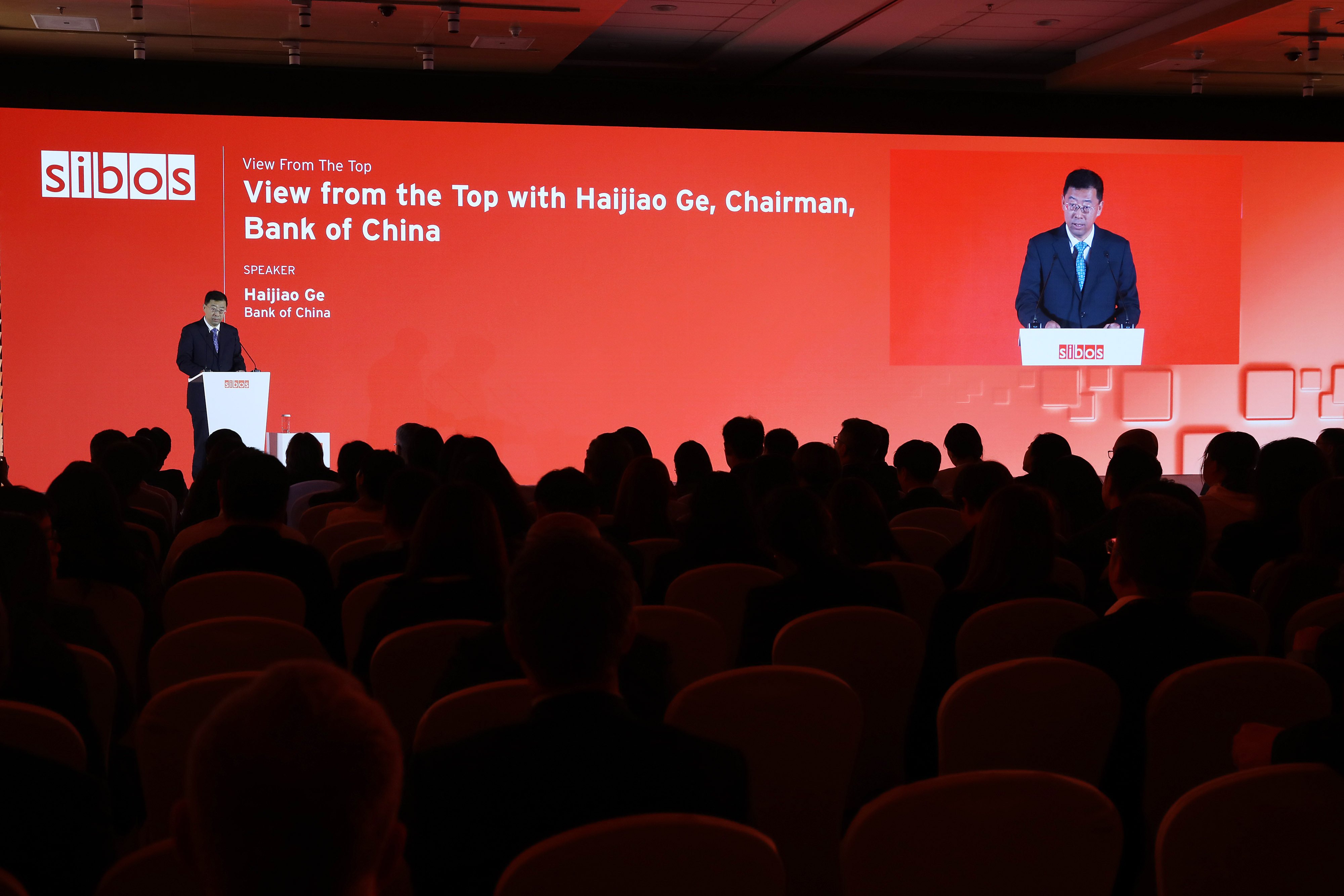 Ge Haijiao, chairman of Bank of China, delivers a speech during the Sibos conference in Beijing on Tuesday. Photo: Getty Images