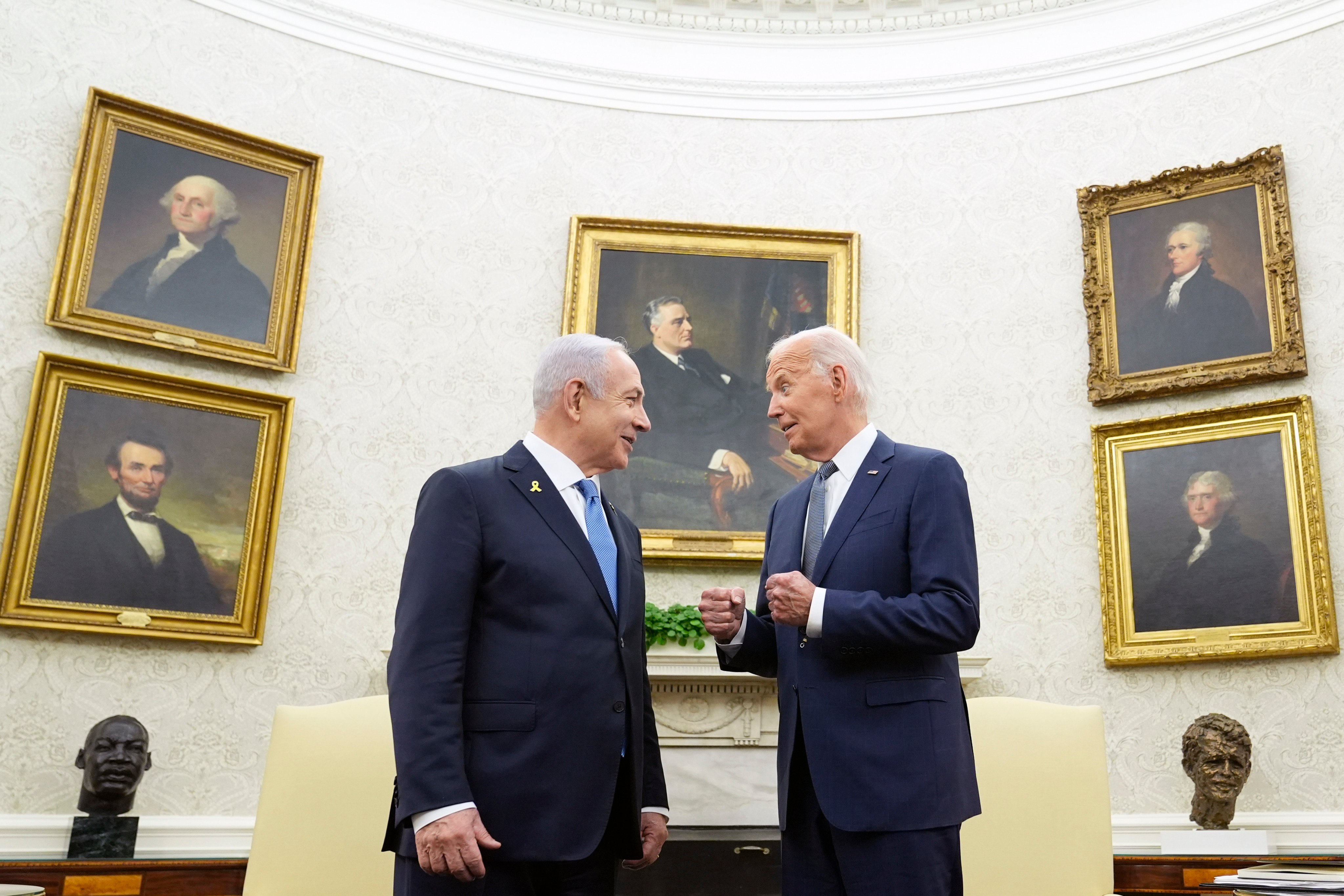 US President Joe Biden, right, and Israeli Prime Minister Benjamin Netanyahu in the Oval Office of the White House in Washington in July. Photo: AP