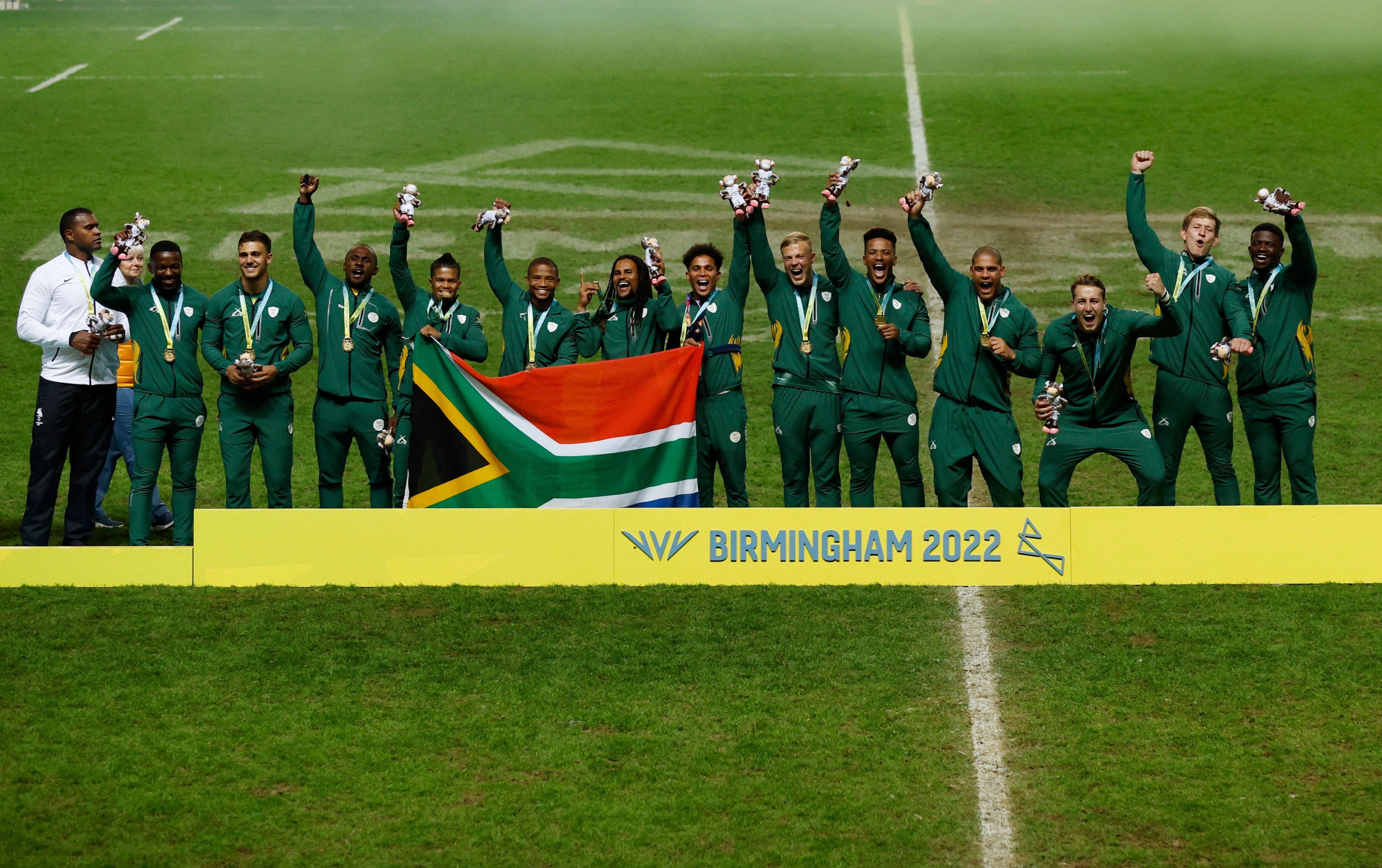 South Africa celebrate their 2022 Commonwealth Games gold medal win in rugby 7s, but the sport will not held in Glasgow. Photo: Reuters