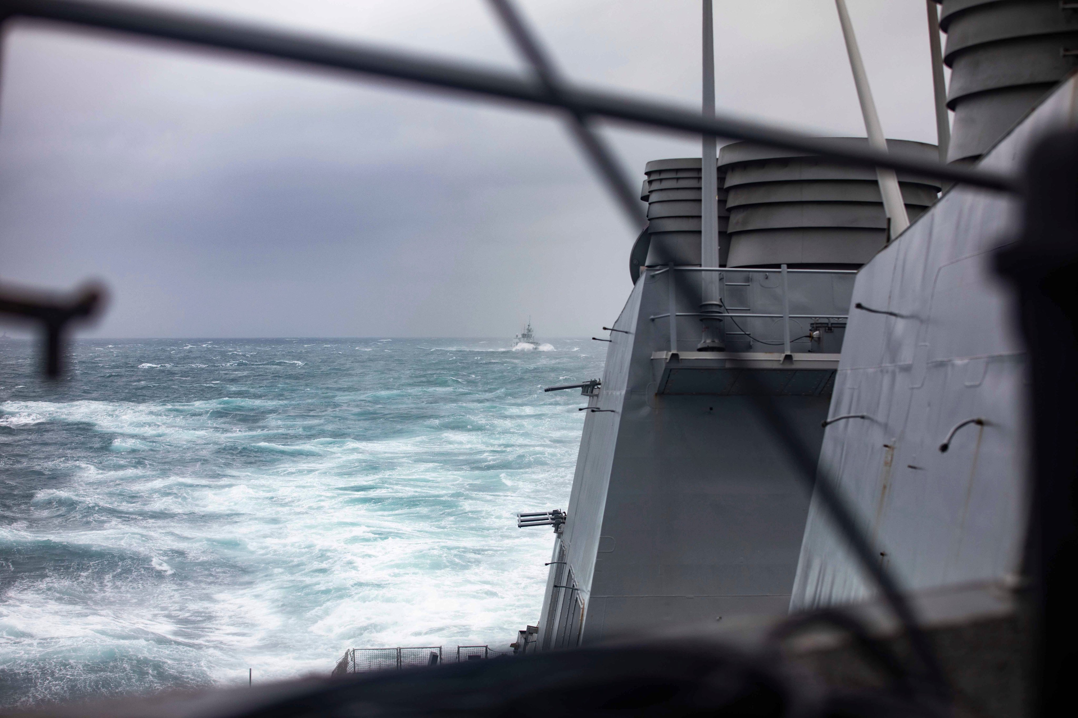 The Arleigh Burke-class guided-missile destroyer USS Higgins during operations with the Royal Canadian Navy Halifax-class frigate HMCS Vancouver during routine operations in the Taiwan Strait on Sunday. Photo: US Navy via AP