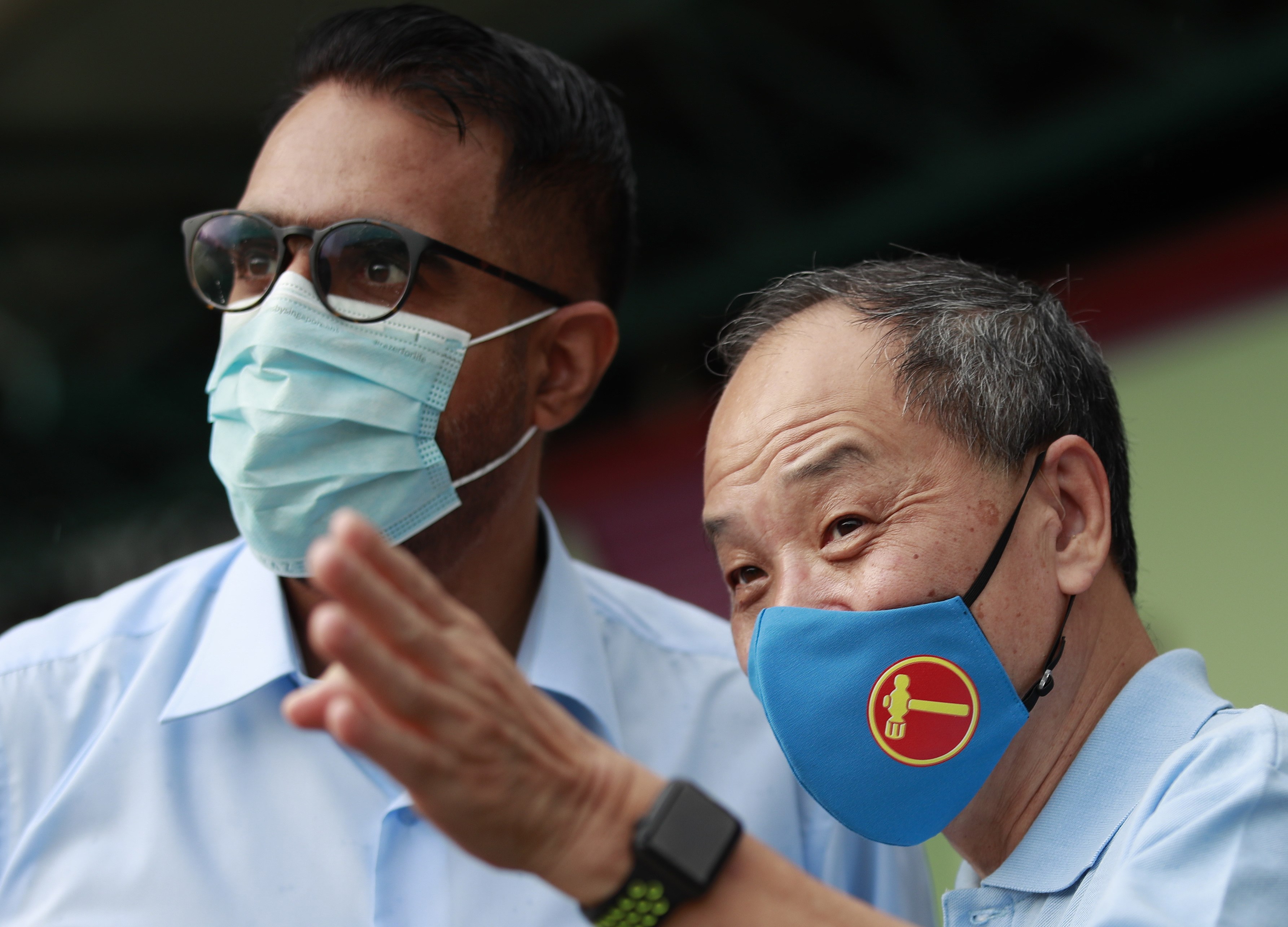 Workers’ Party stalwart Low Thia Khiang (right) with party chief Pritam Singh in 2020. Photo: EPA-EFE