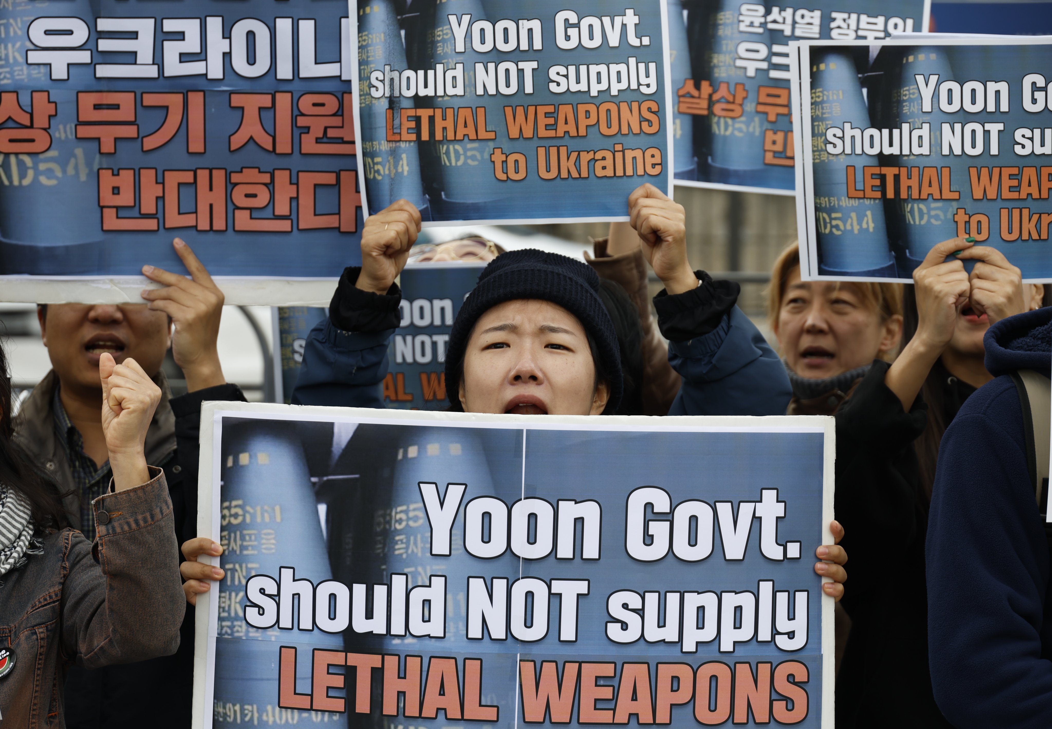 Members of Workers’ Solidarity protest in Seoul on Wednesday against South Korea’s plan to supply lethal weapons to Ukraine. Photo: EPA-EFE