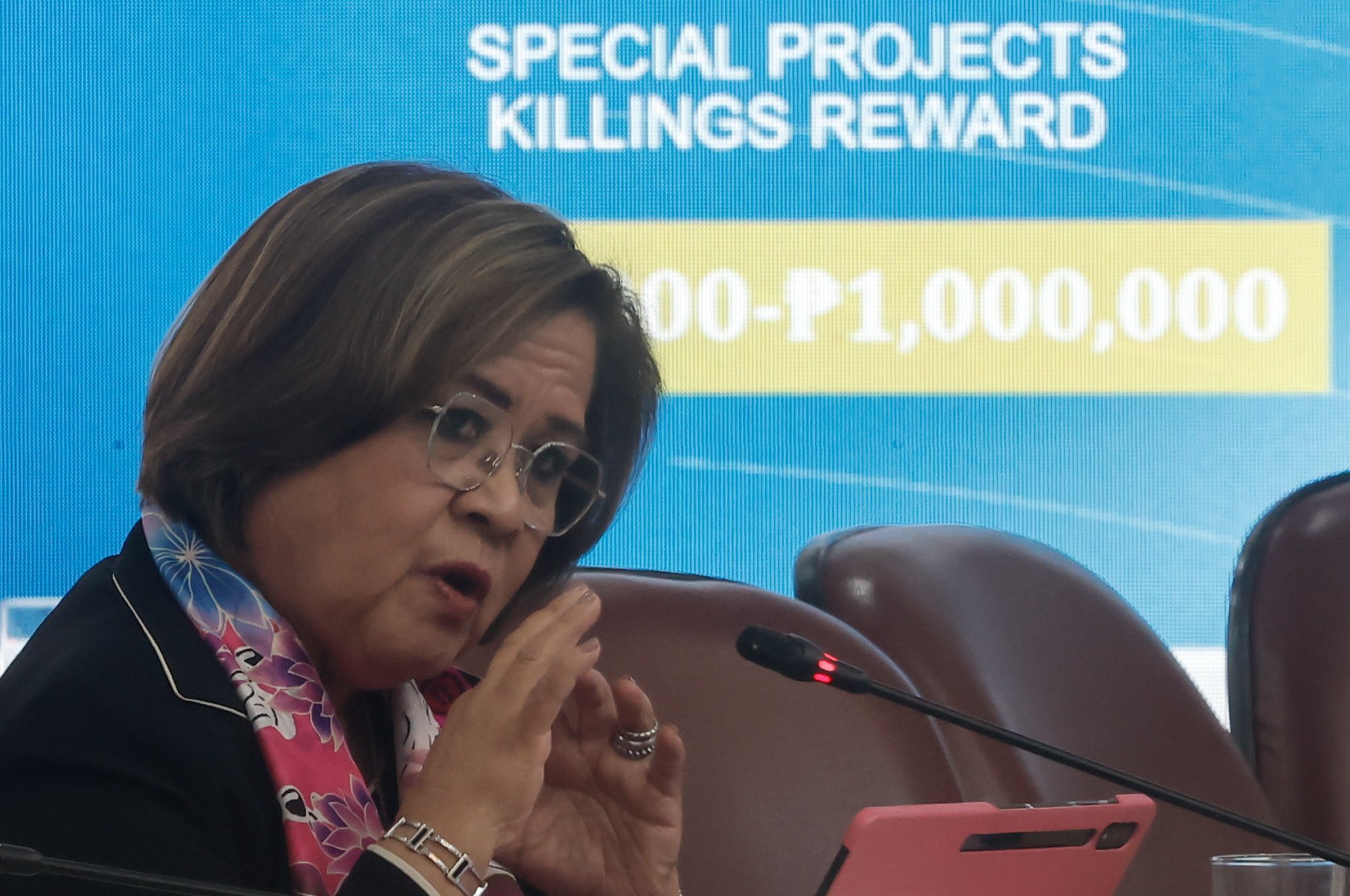 Former senator Leila De Lima speaks during a joint committee hearing at the House of Representatives in Metro Manila, the Philippines, on Tuesday. Photo: EPA-EFE