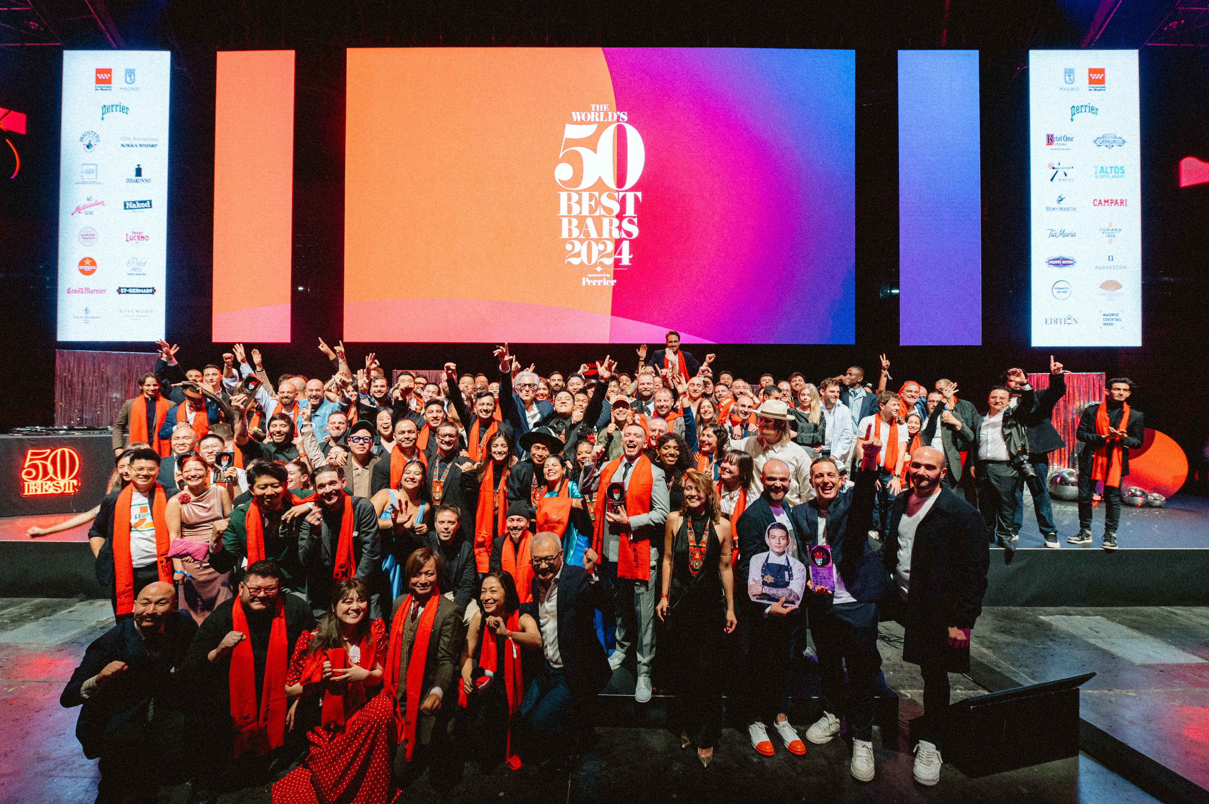 Representatives of bars that made The World’s 50 Best Bars 2024 list celebrate at the award ceremony in Madrid, Spain. Taking second place as a new entry to the list is one Hong Kong spot. Photo: World’s 50 Best Bars