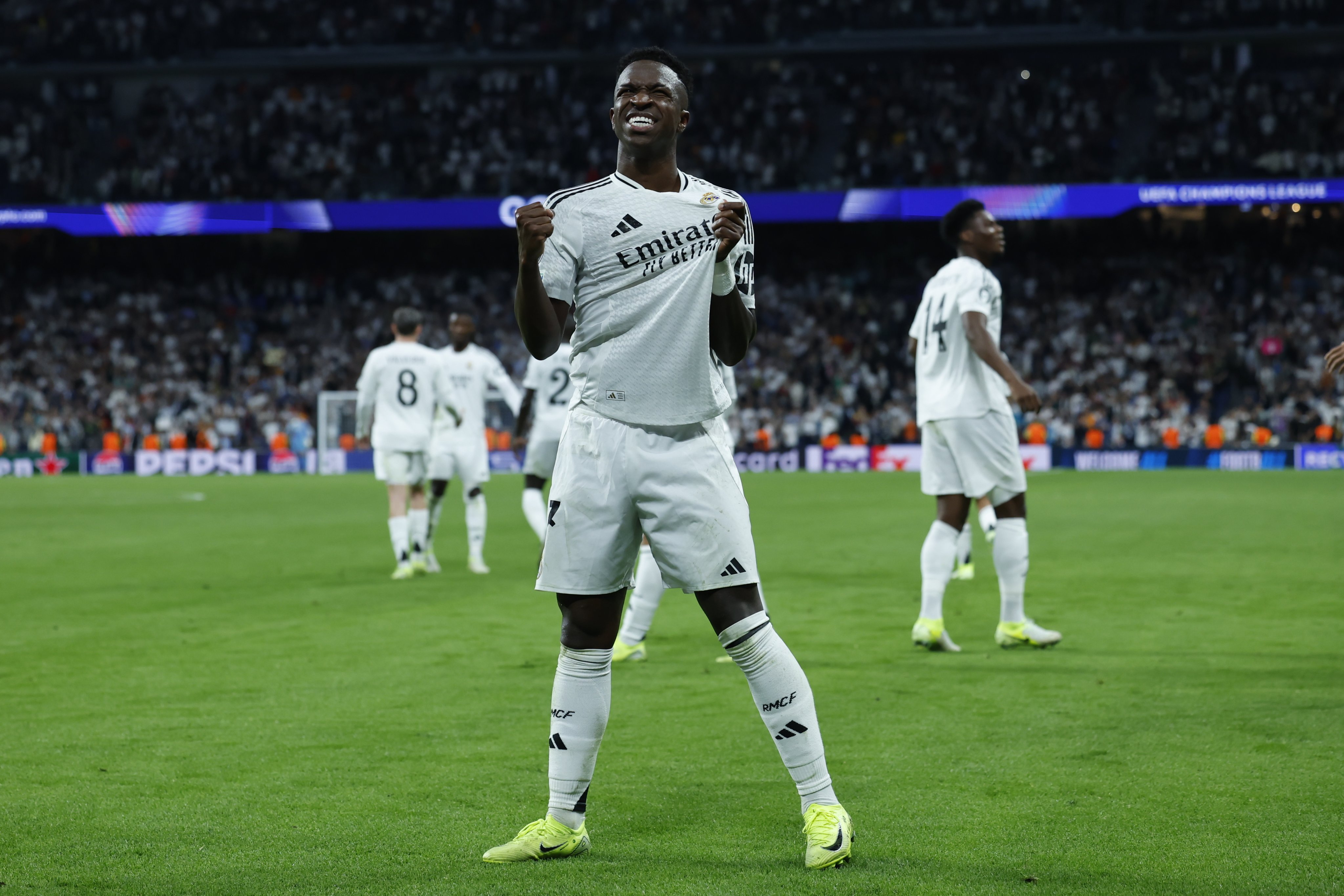 Real Madrid’s Vinicus Jr celebrates after completing his hat-trick against Dortmund. Photo: EPA-EFE