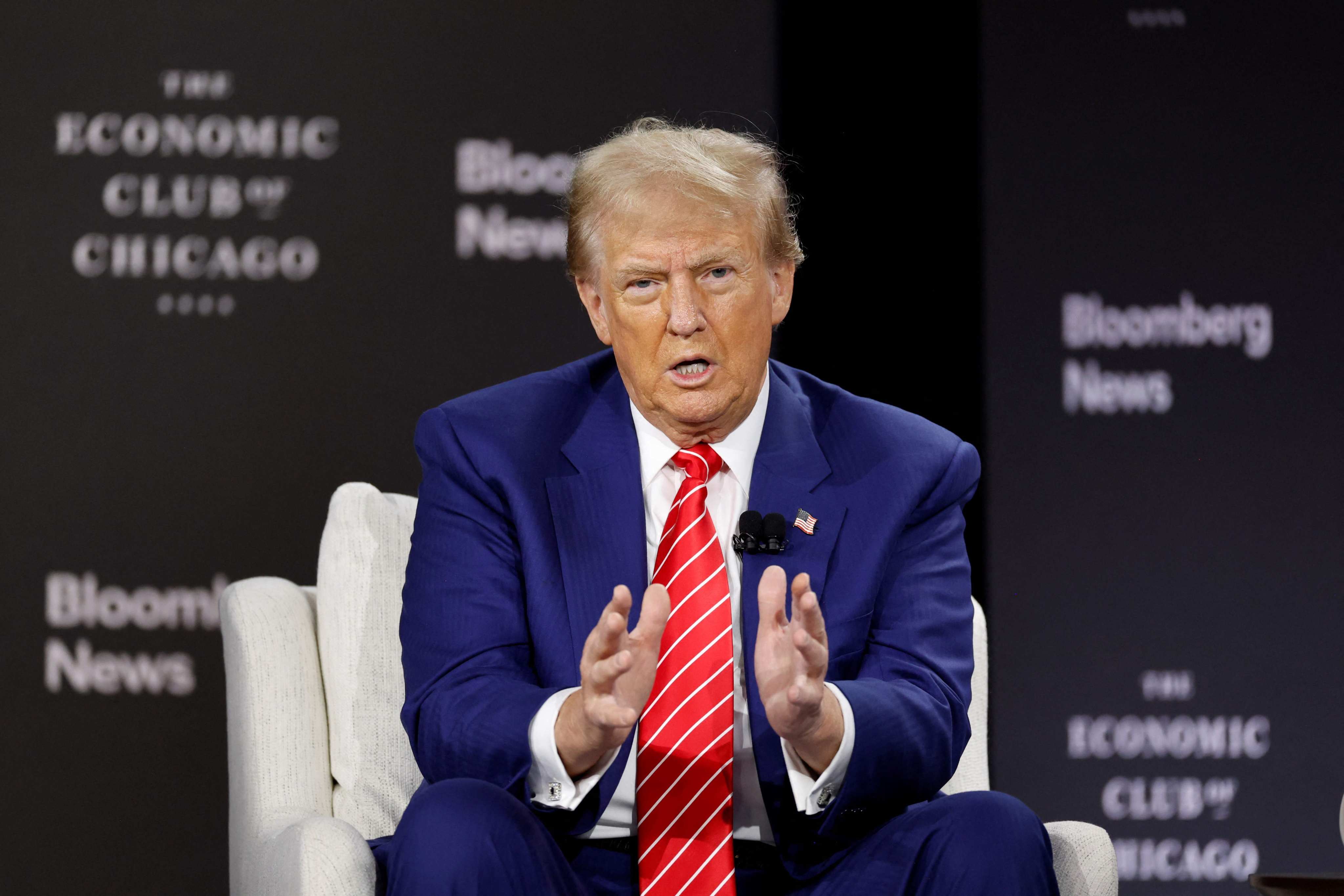 Former US president and Republican presidential candidate Donald Trump speaks during an interview with Bloomberg editor-in-chief John Micklethwait at the Economic Club of Chicago on October 15. Photo: AFP