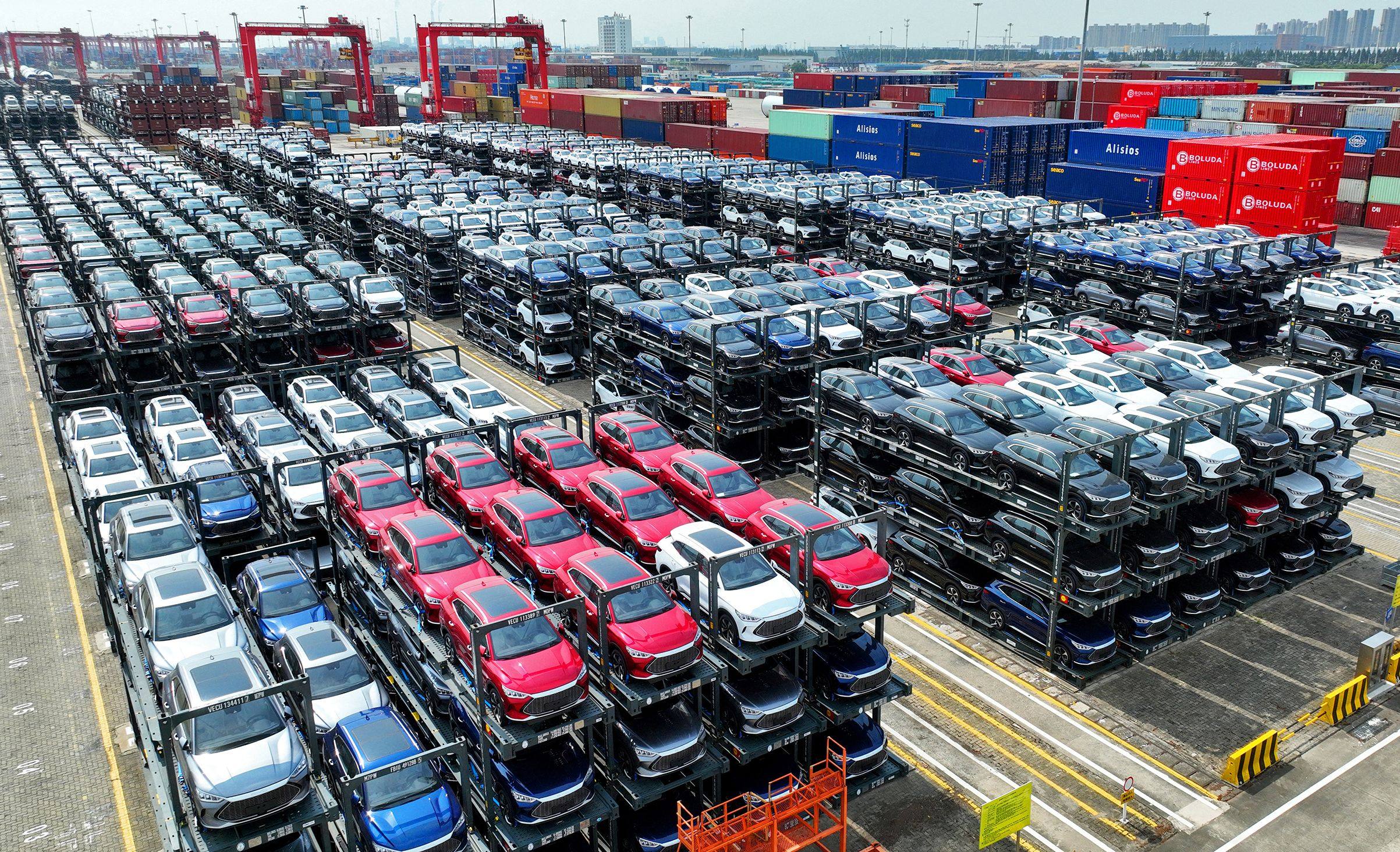 Electric vehicles by Chinese car maker BYD stacked and ready to be loaded on a ship at Suzhou Port, Jiangsu Province. Photo: AFP 