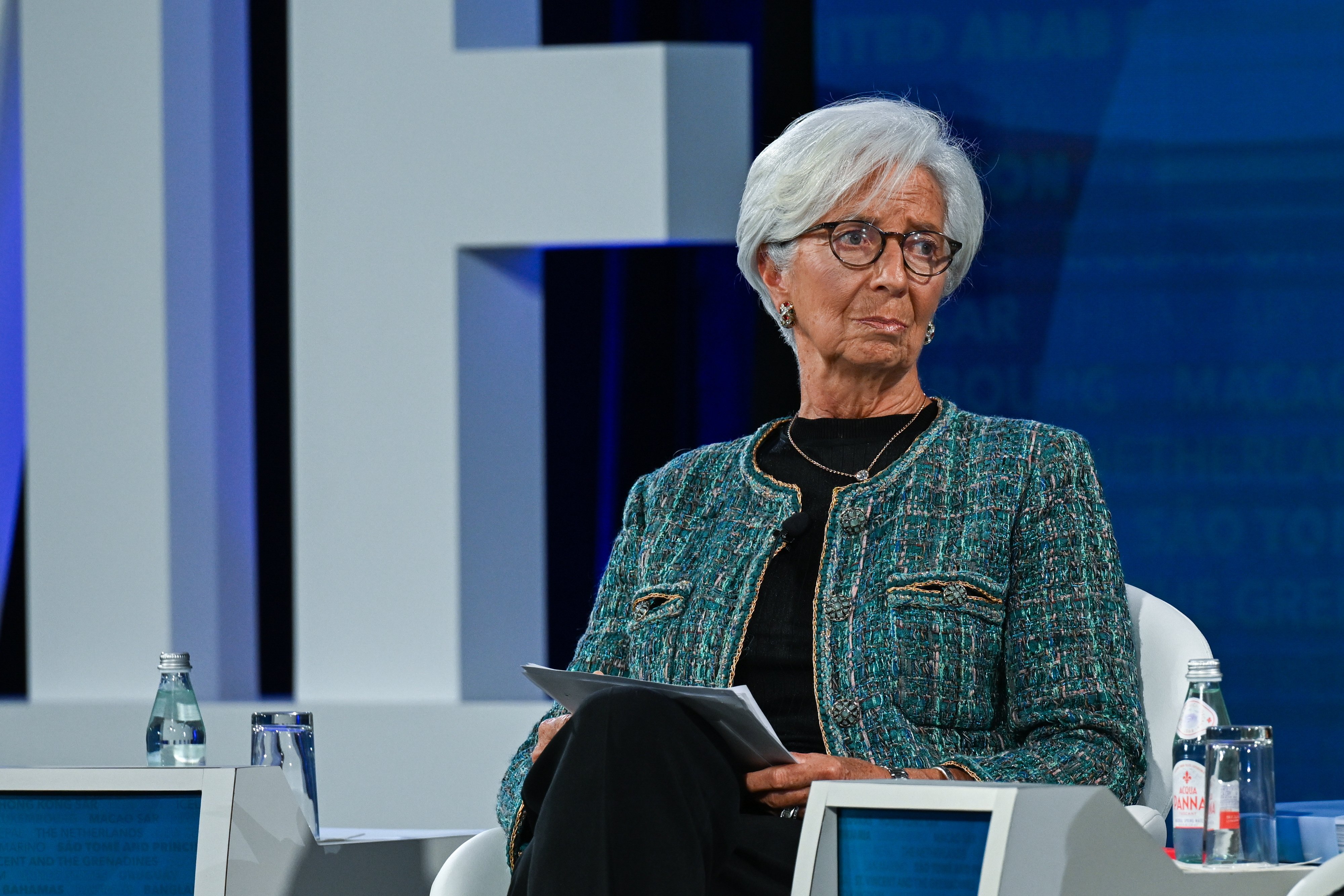 European Central Bank President Christine Lagarde takes part in an annual meeting of the International Monetary Fund in Washington on Tuesday. Photo: EPA-EFE