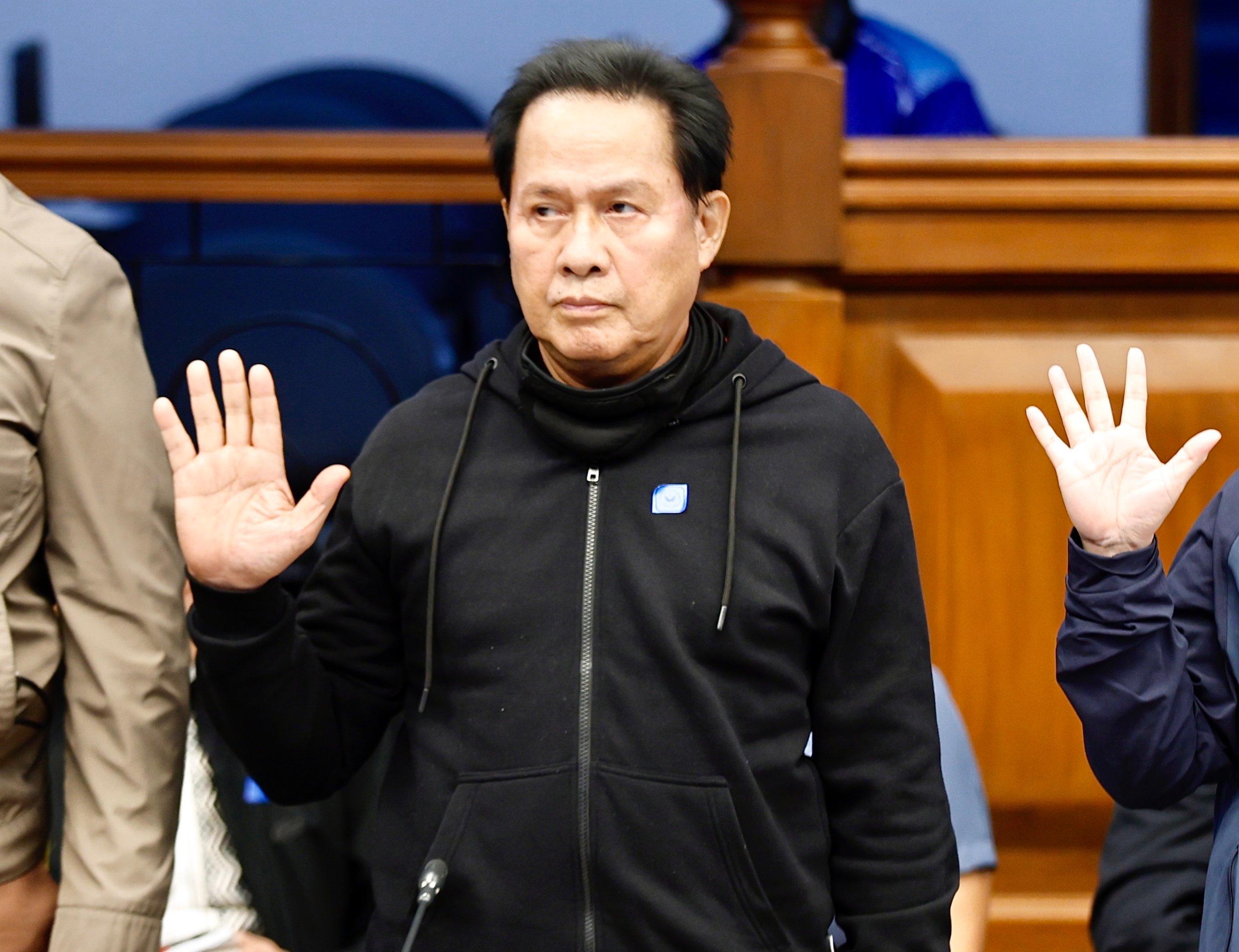 Filipino televangelist Apollo Quiboloy takes the oath during a Senate investigation in Manila on October 23. Photo: EPA-EFE