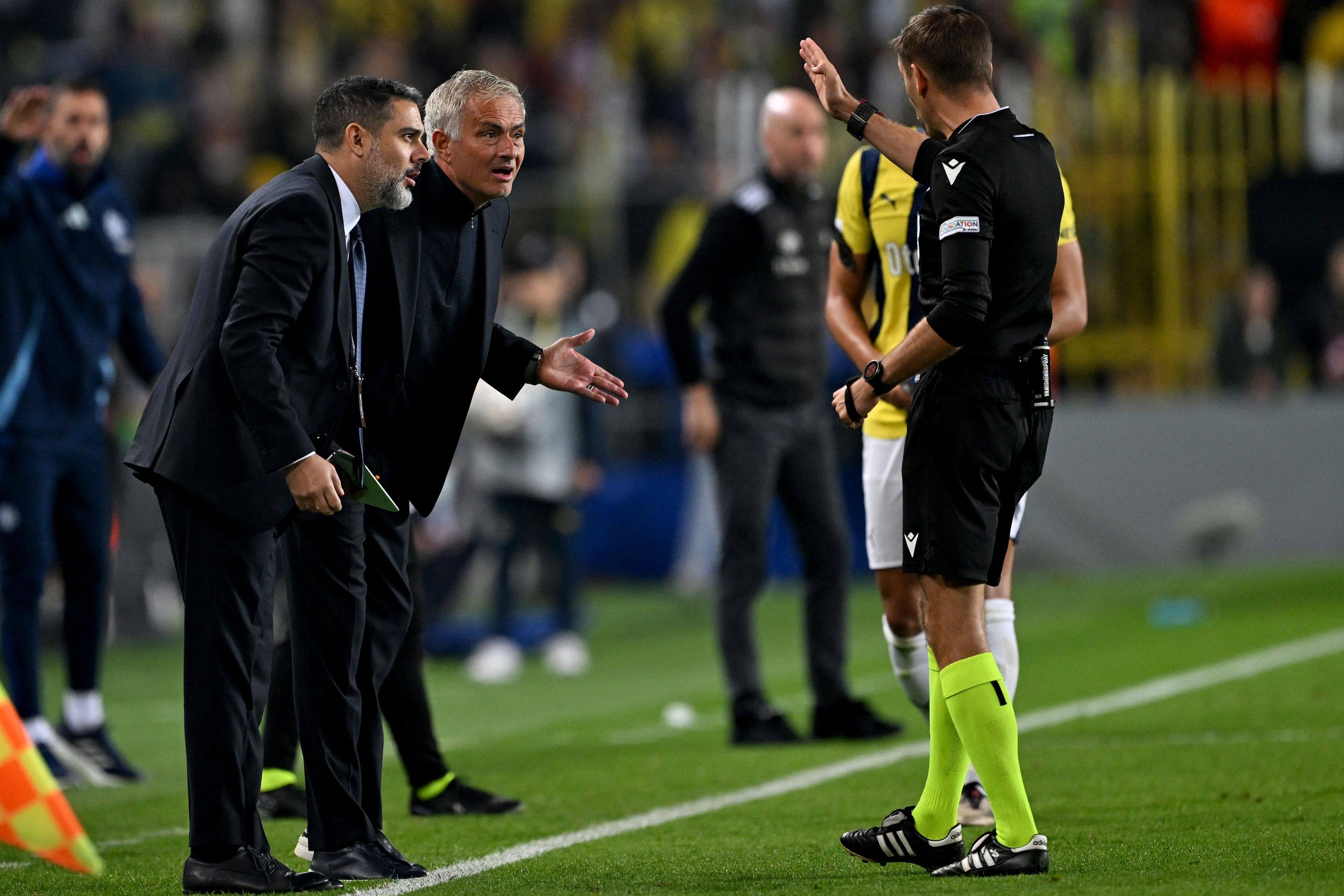 What me ref? Fenerbache boss Jose Mourinho is sent off by referee Clement Turpin. Photo: AFP