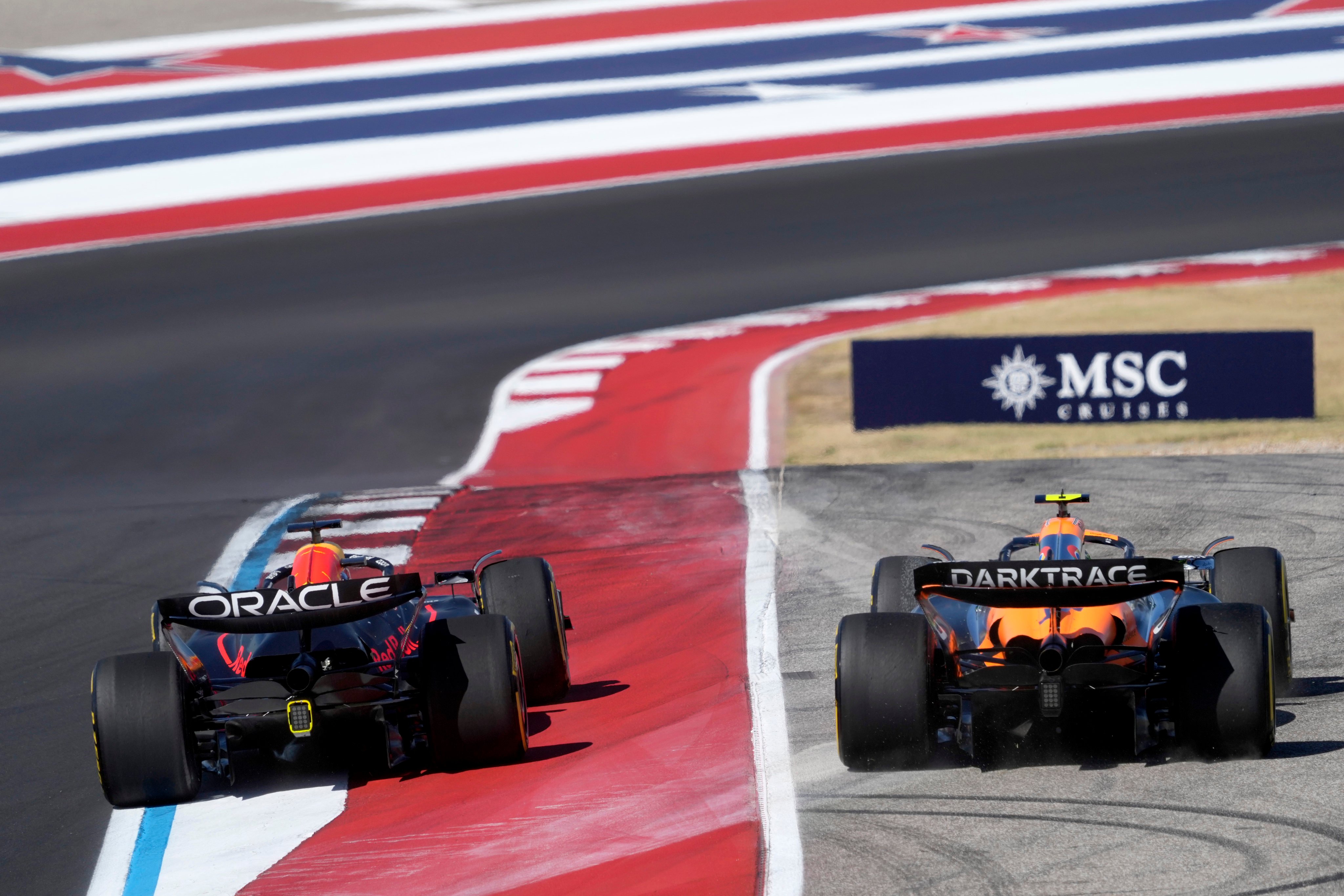 Red Bull driver Max Verstappen (left) runs McLaren driver Lando Norris off the track during the US Grand Prix in Austin, Texas last Sunday. Photo: AP