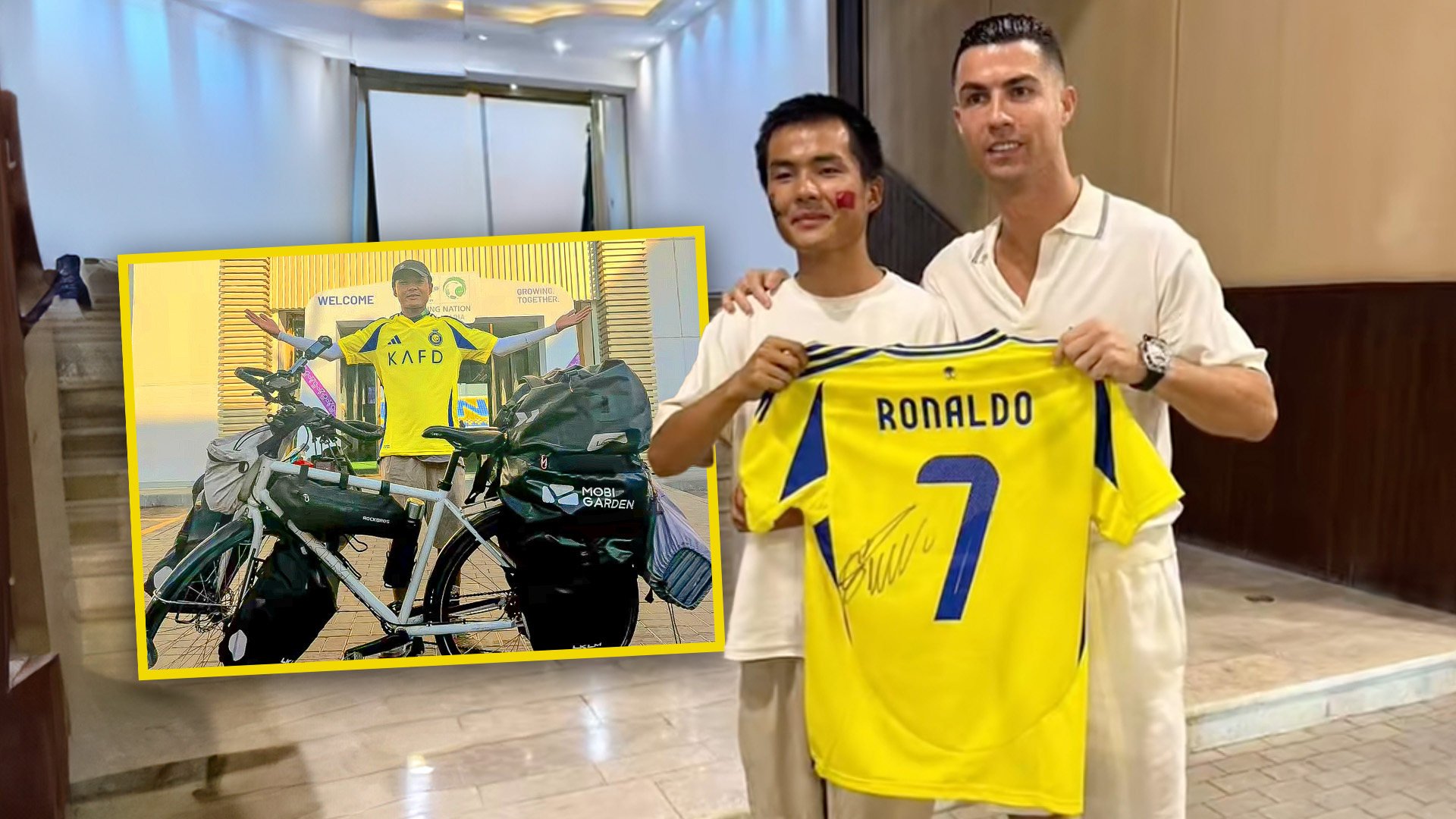 A devoted fan of football superstar Cristiano Ronaldo has cycled 13,000 kilometres to Saudi Arabia to meet his hero. Photo: SCMP composite/Douyin