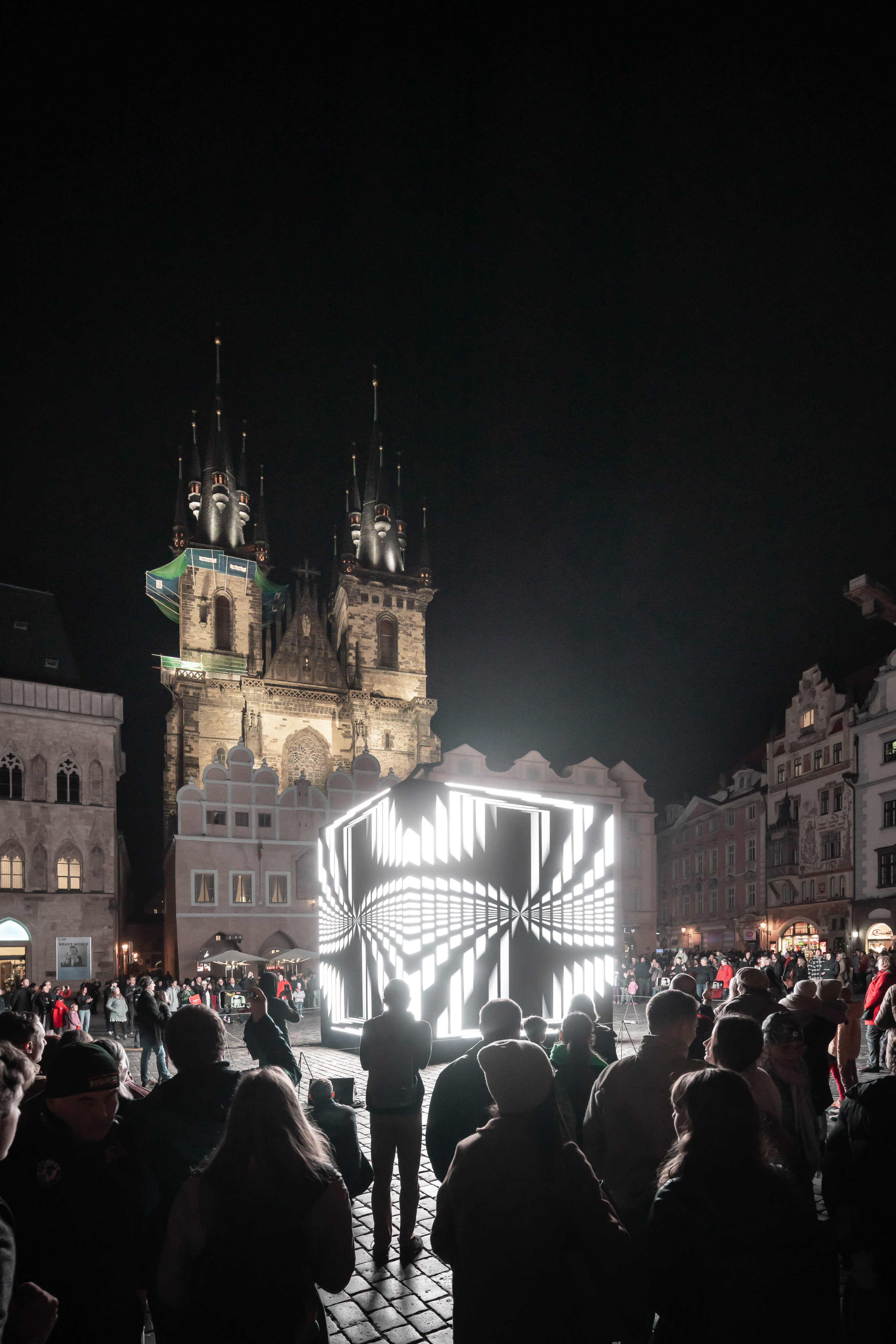 A crowd gathers in Prague’s Old Town Square around Chinese artist Cao Yuxi’s “Dimensional Sampling”, a piece of light art with sound by Hong Kong’s Lawrence Lau that was part of the Signal Festival 2024, in the Czech Republic. Photo: Signal Festival