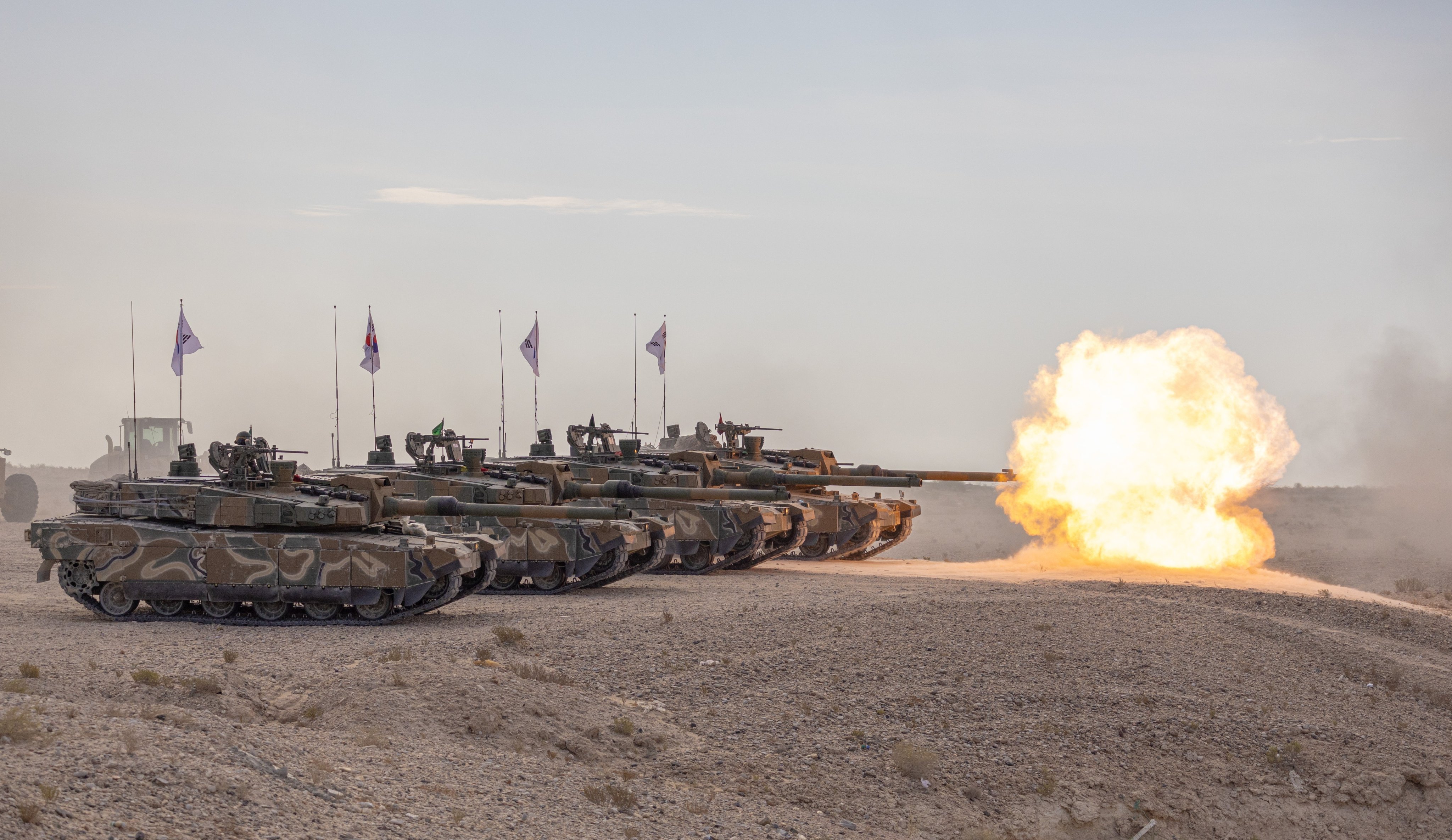 South Korean Army K2 tanks participate in a joint military drill with Qatari ground forces at the Al Qalayel training centre in Qatar on October 21.  Seoul is reshaping traditional power dynamics in military cooperation. Photo: Handout / EPA-EFE