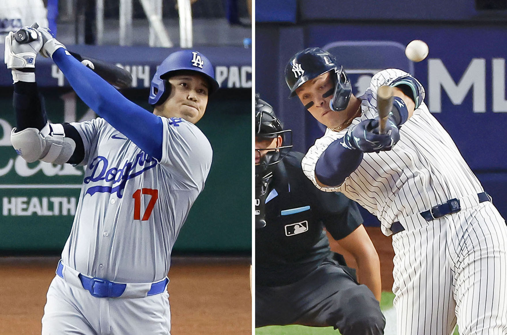 National League home run king Shohei Ohtani (left) of the Los Angeles Dodgers will face American League home run king Aaron Judge of the New York Yankees in the World Series starting on Friday. Photo: Kyodo