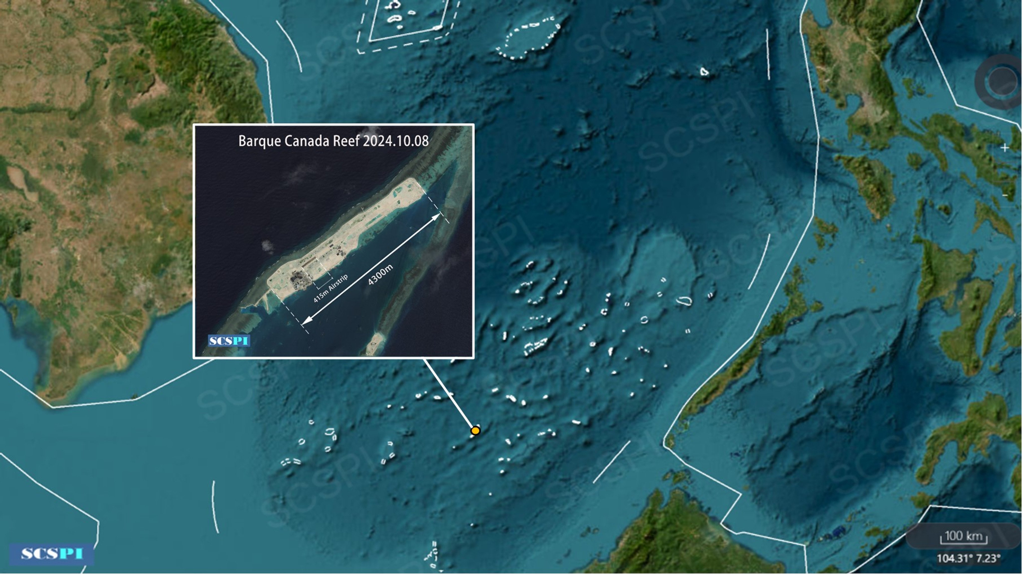 A Chinese think tank says Vietnam is rapidly building an airstrip on Barque Canada Reef, with more than 410 metres of runway already built. Photo: X/SCS_PI