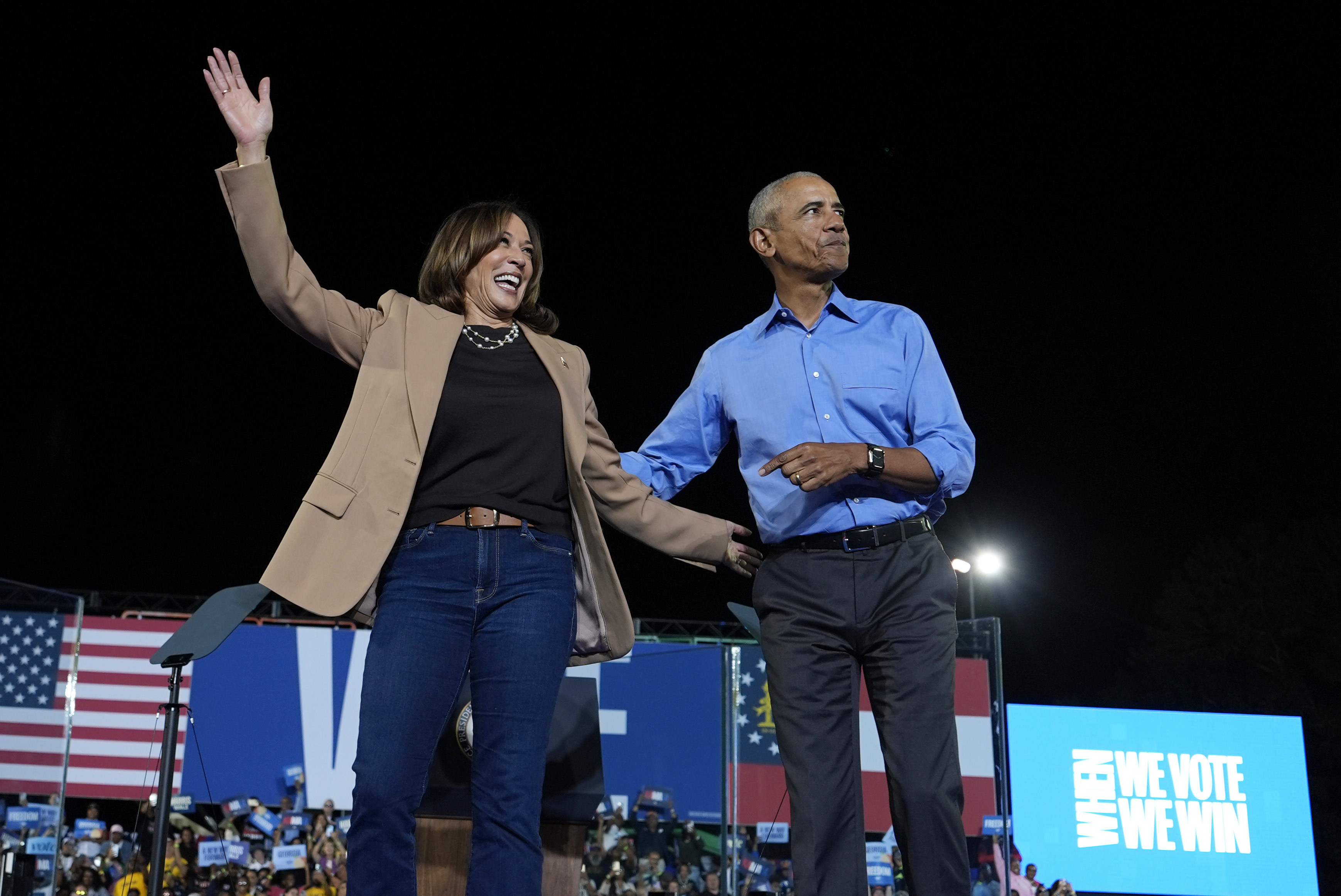 US Vice-President Kamala Harris and former president Barack Obama at a campaign rally in Clarkston, Georgia. Photo: AP