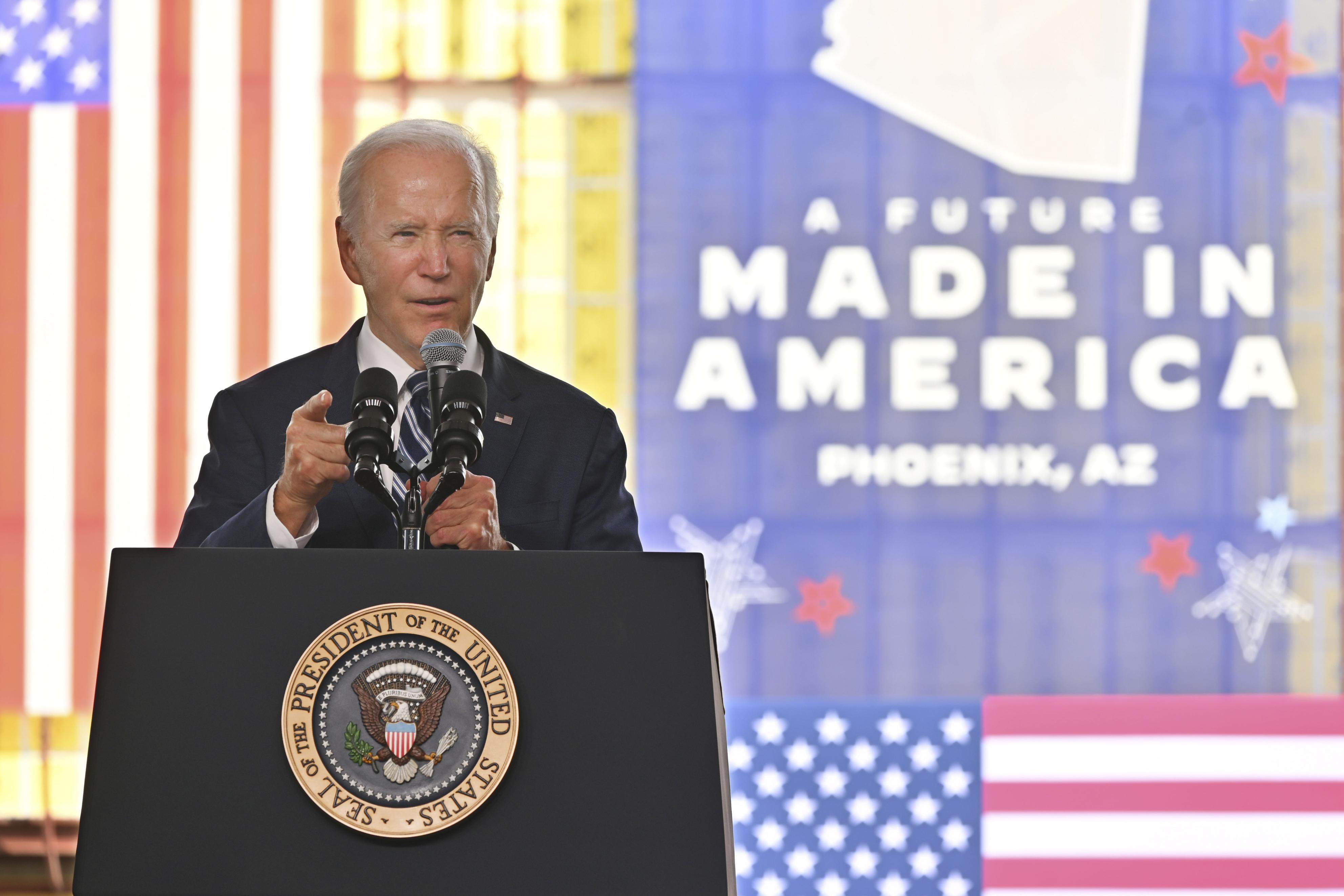 US President Joe Biden speaks at a ceremony celebrating the construction of a TSMC factory in Phoenix, Arizona, in December 2022. Photo: Kyodo