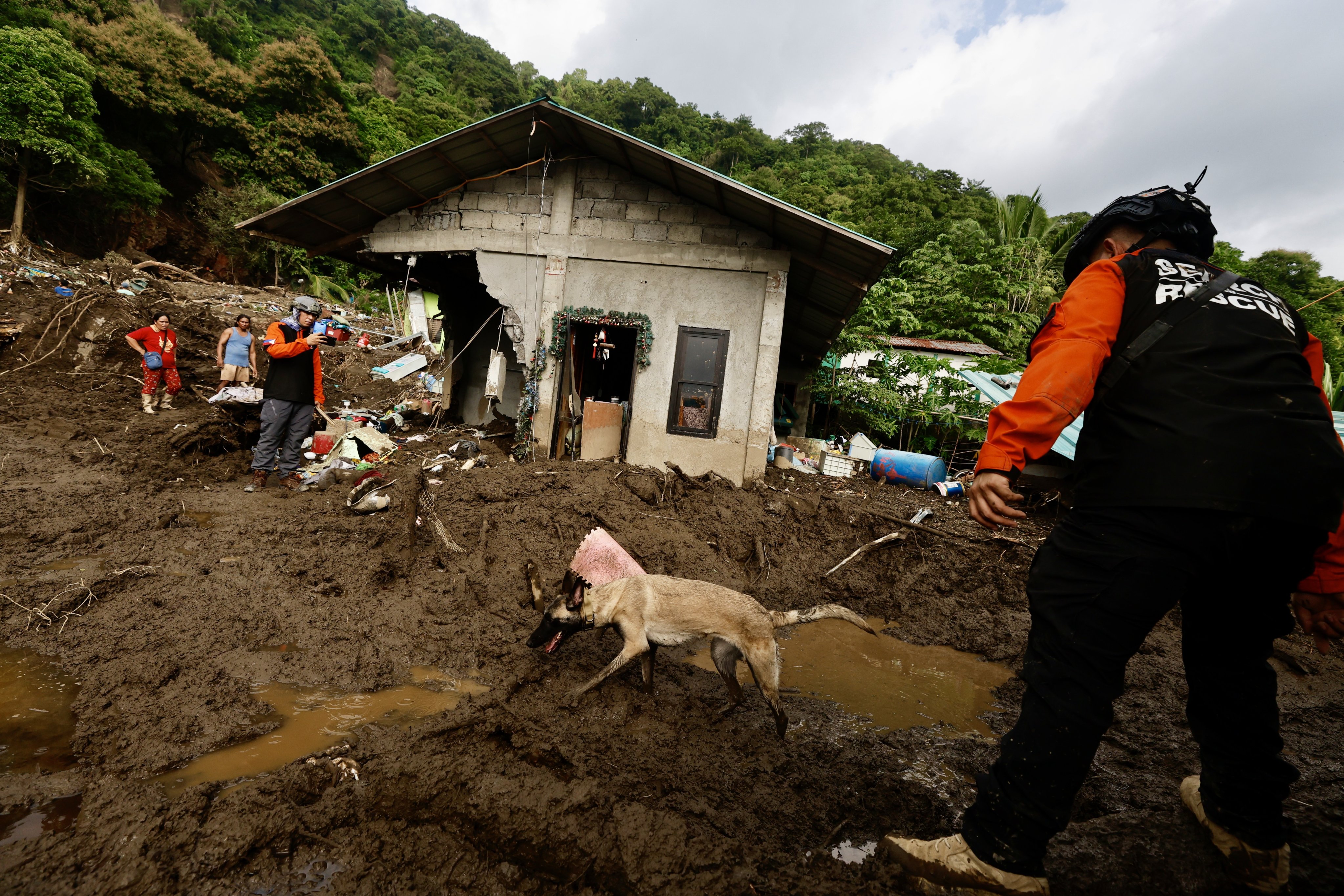 A police K-9 unit works on the site of a landslide during a search and rescue operation in the aftermath of Tropical Storm Trami, in the town of Talisay, Batangas province, Philippines, on Saturday. Photo: EPA/EFE