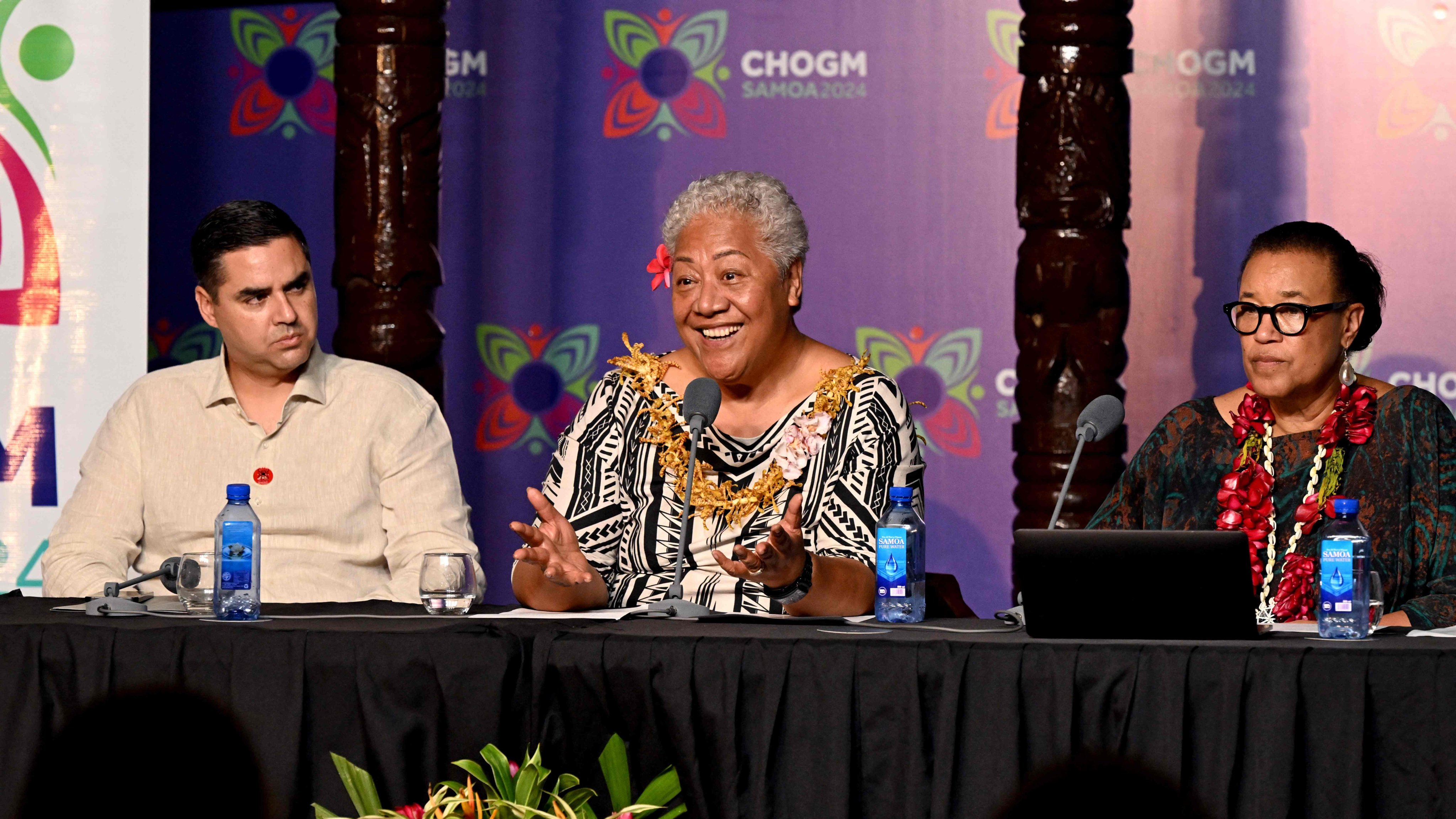 Malta’s Minister of Foreign Affairs Ian Borg (left), Samoa’s Prime Minister Fiame Naomi Mata’afa (centre) and Commonwealth Secretary General Patricia Scotland attend the final press conference at the Commonwealth Heads of Government Meeting (CHOGM) in Apia, Samoa on Saturday. Photo: AFP