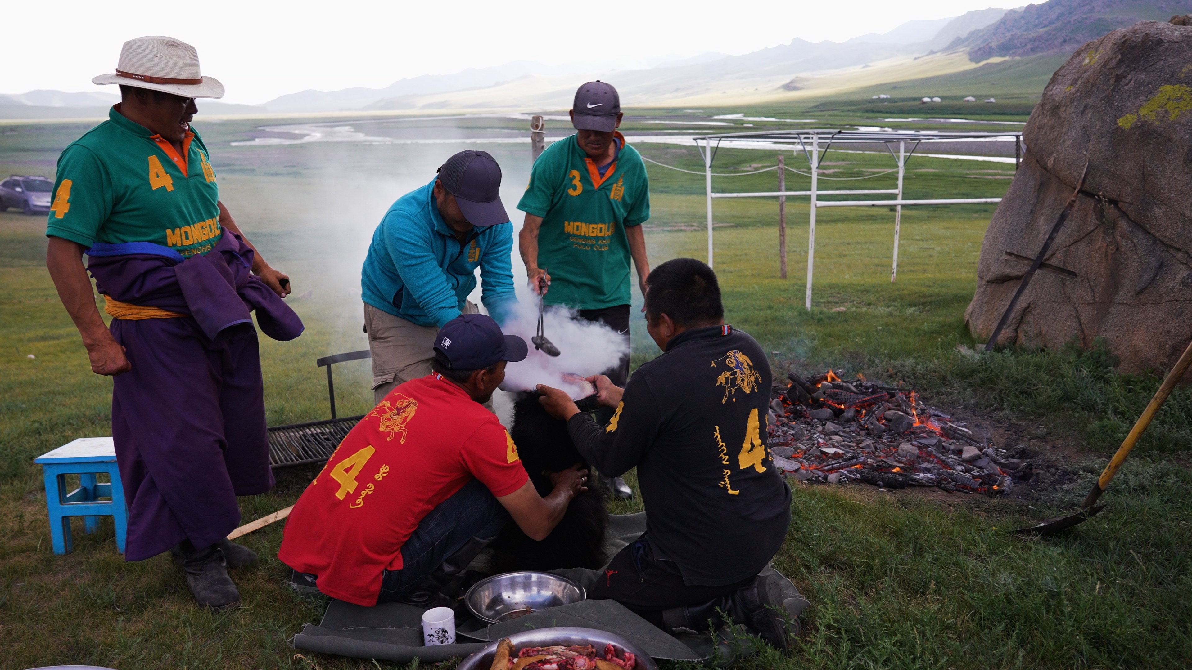 Mongolian people prepare a boodog feast at the Genghis Khan Retreat in the Orkhon Valley, Mongolia, in October 2024. Photo: Llewellyn Cheung