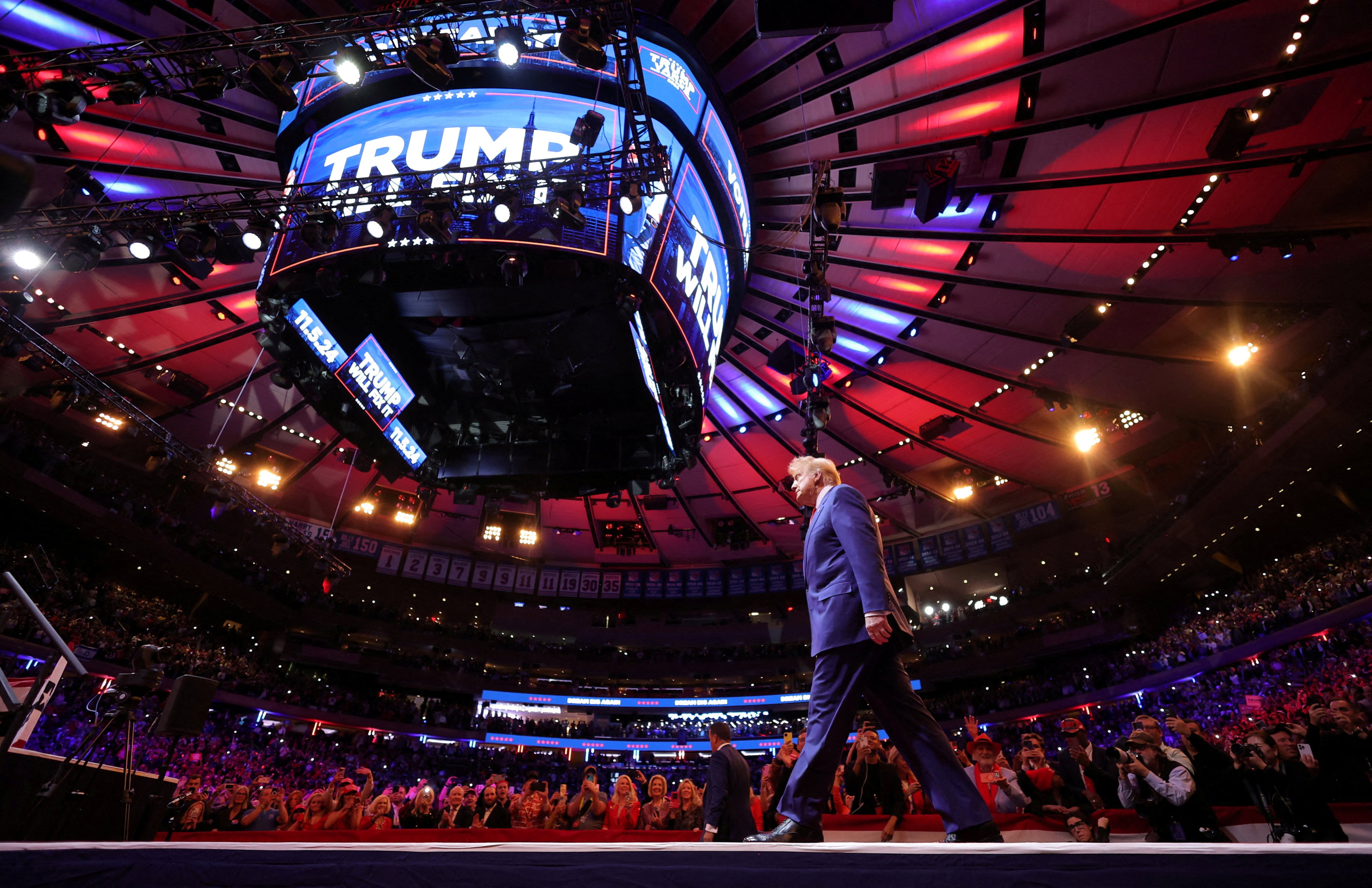 Donald Trump walks on stage at Madison Square Garden, in New York. Photo: Reuters