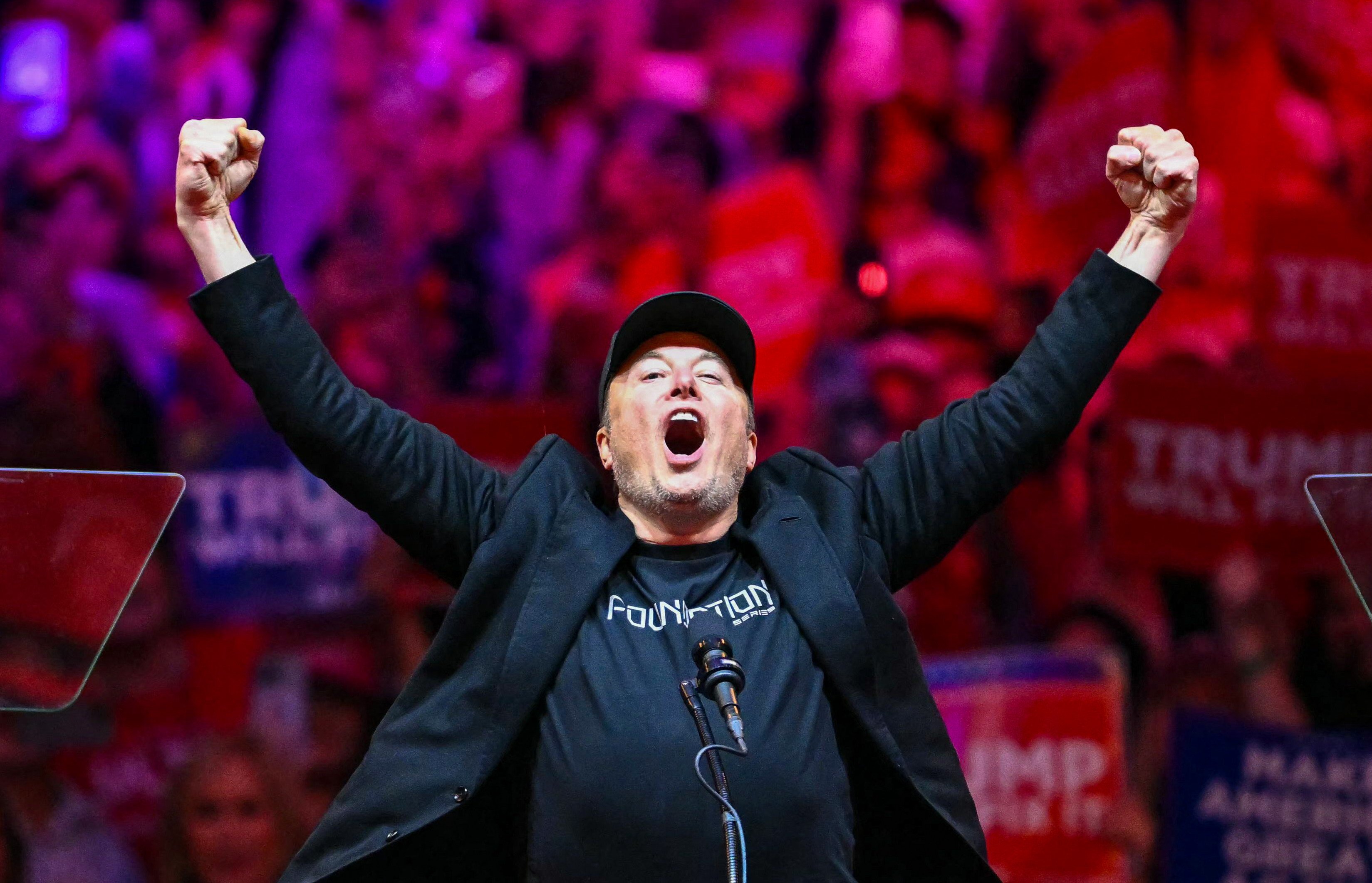 Tesla and SpaceX CEO Elon Musk takes the stage at a rally for Republican candidate Donald Trump at Madison Square Garden in New York on Sunday. Photo: AFP