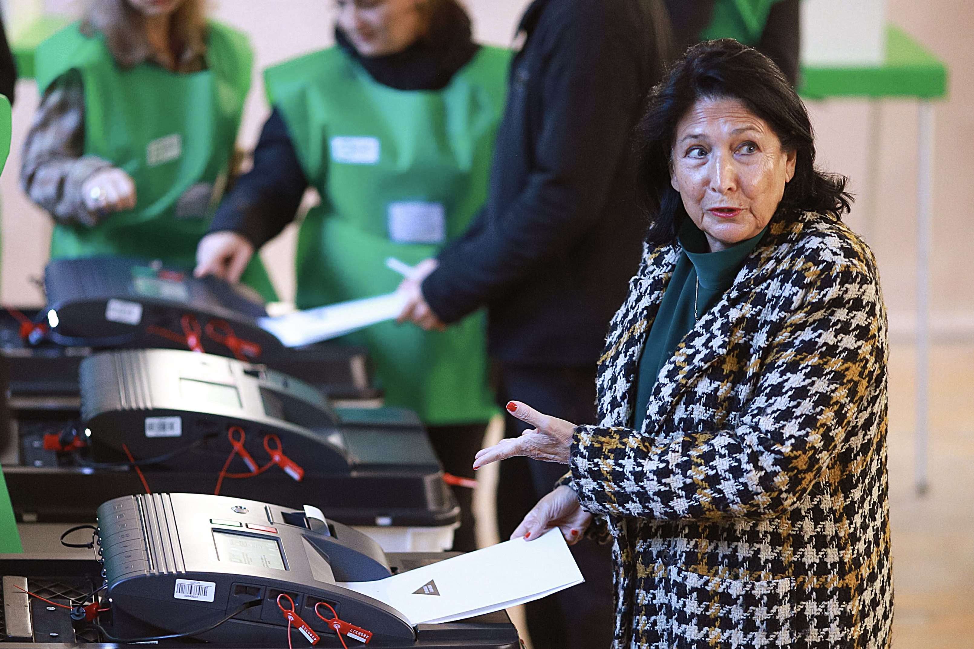 Georgian President Salome Zourabichvili casts her ballot at a polling station in Tbilisi, Georgia on Saturday. Photo; AP