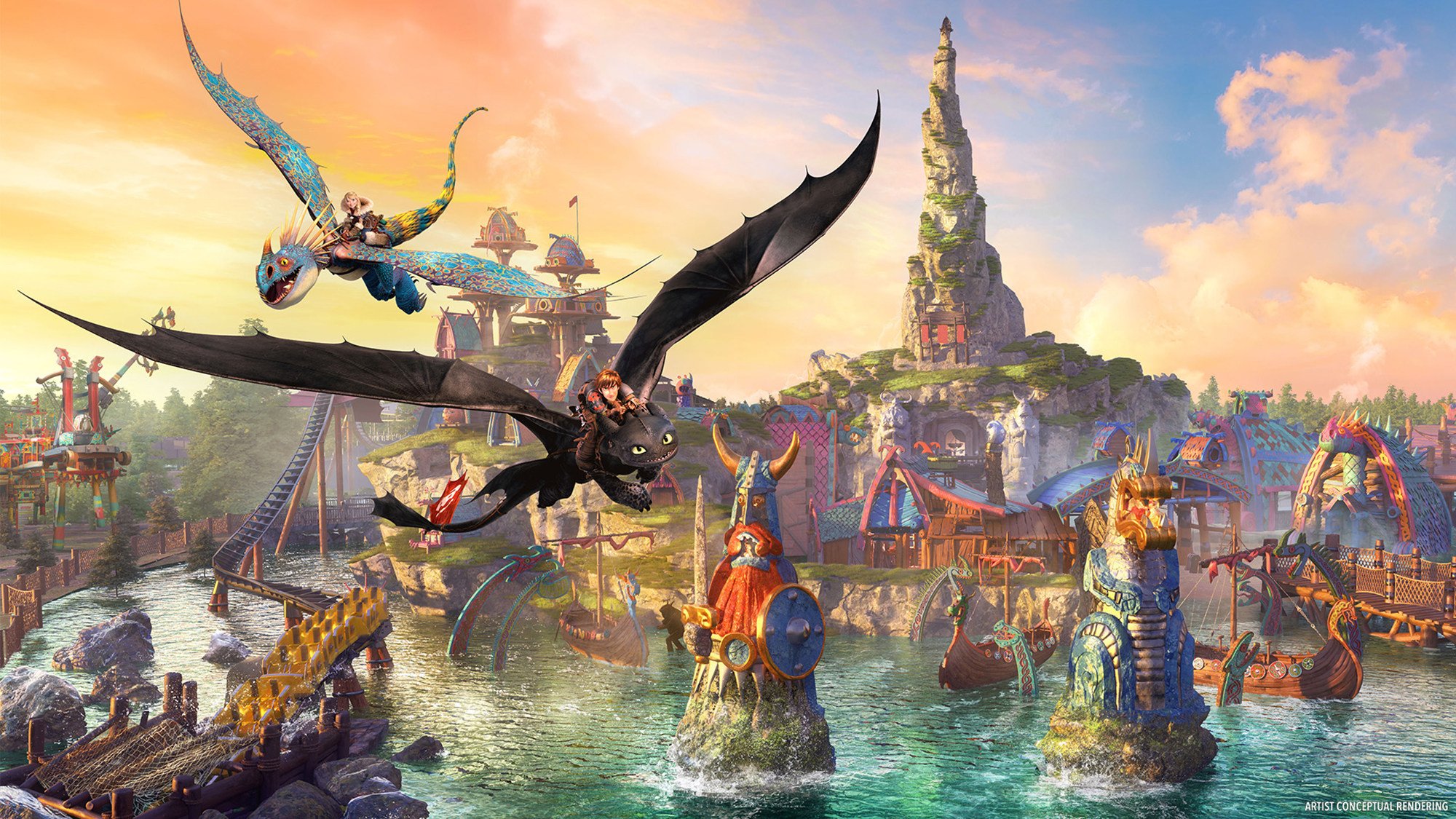 An artist’s rendering of the Isle of Berk at Universal Epic Universe. Photo: Universal Orlando/TNS