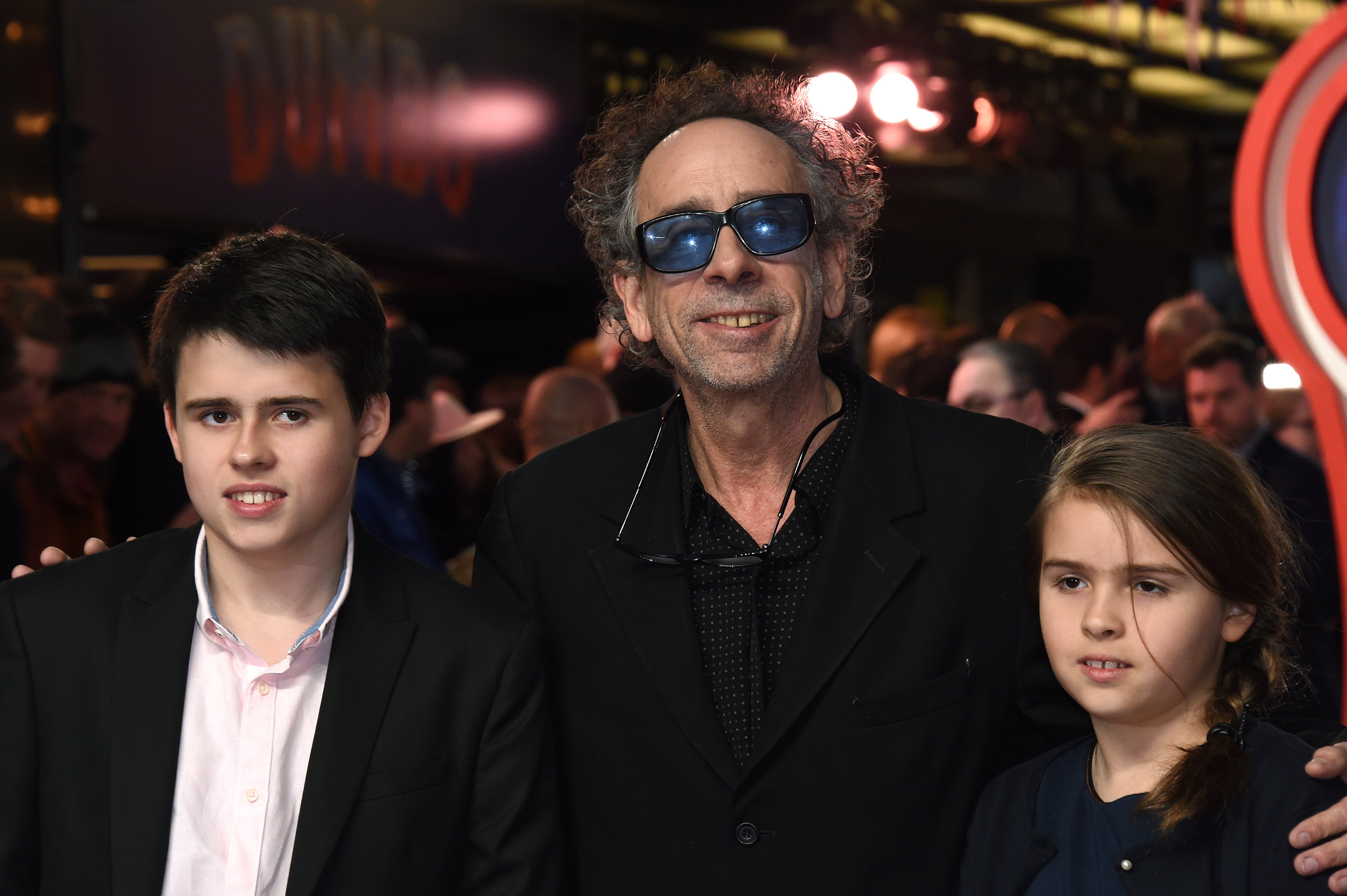 Director Tim Burton, with children Billy and Nell in 2019. Photo: Getty Images