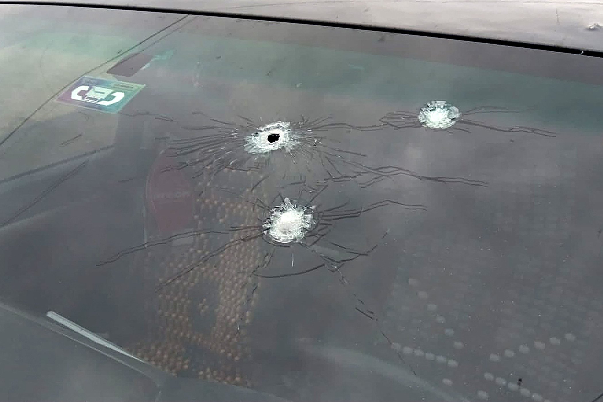 Bullet damage on a pickup truck in which former Bolivian president Evo Morales was traveling. Photo: Kawsachun Coca via AFP