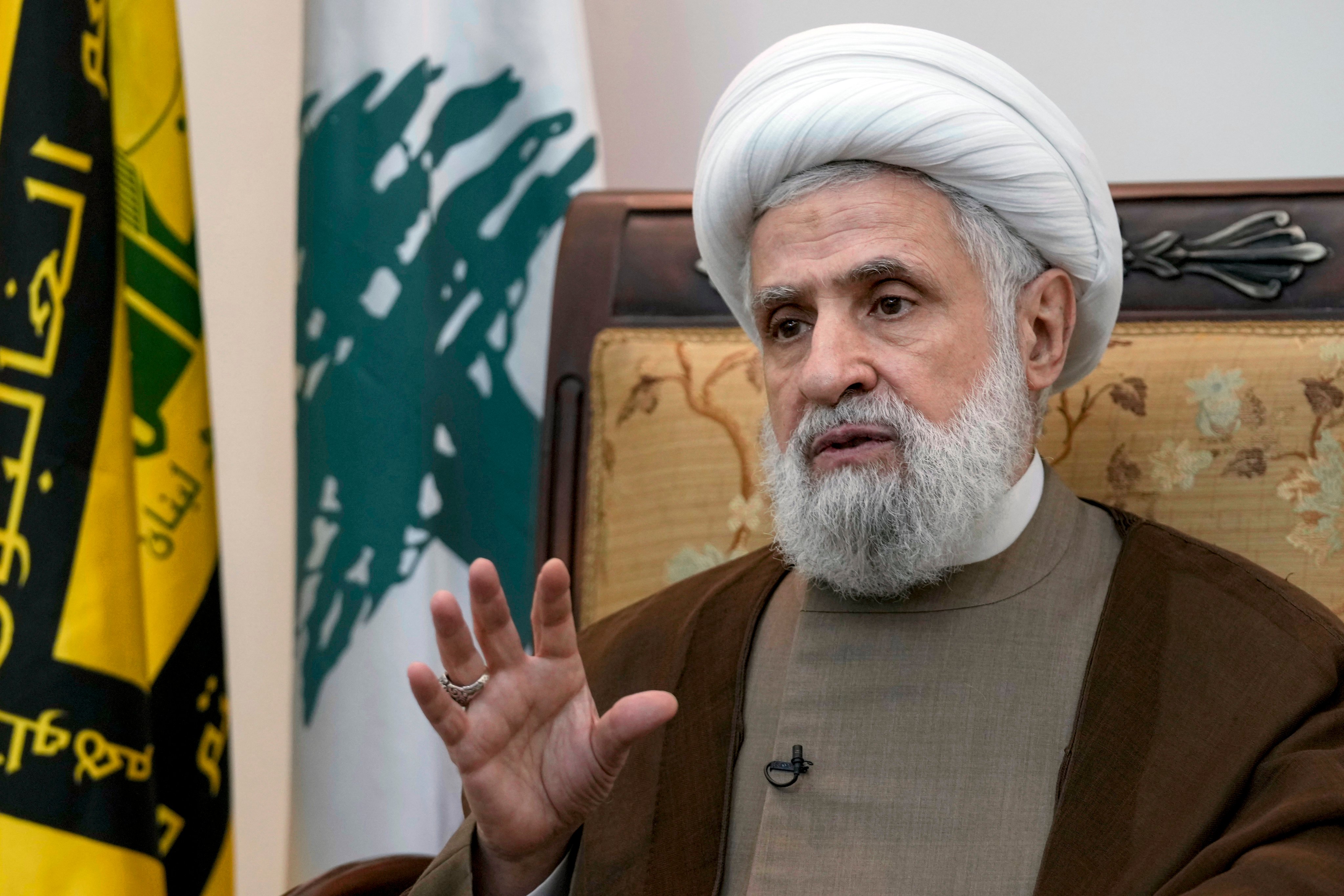 Hezbollah’s Naim Qassem speaks during an interview in Beirut’s southern suburbs. Photo: AP