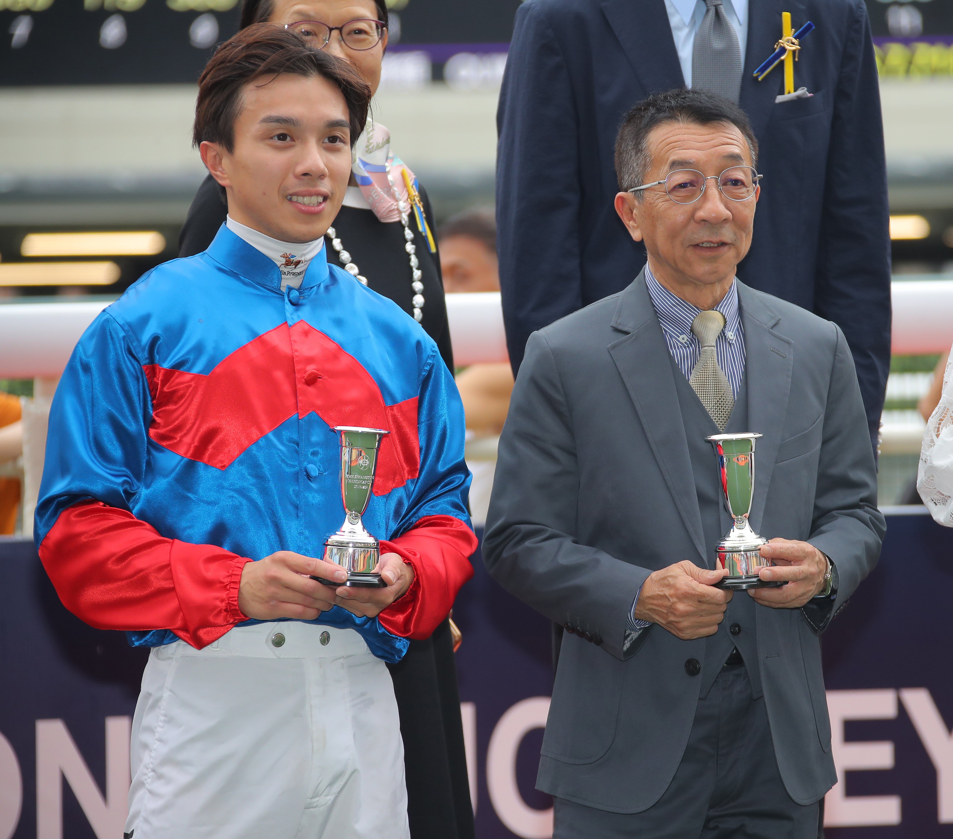 Jockey Angus Chung and trainer Me Tsui after combining to win with Happy Tango at Happy Valley. Photos: Kenneth Chan