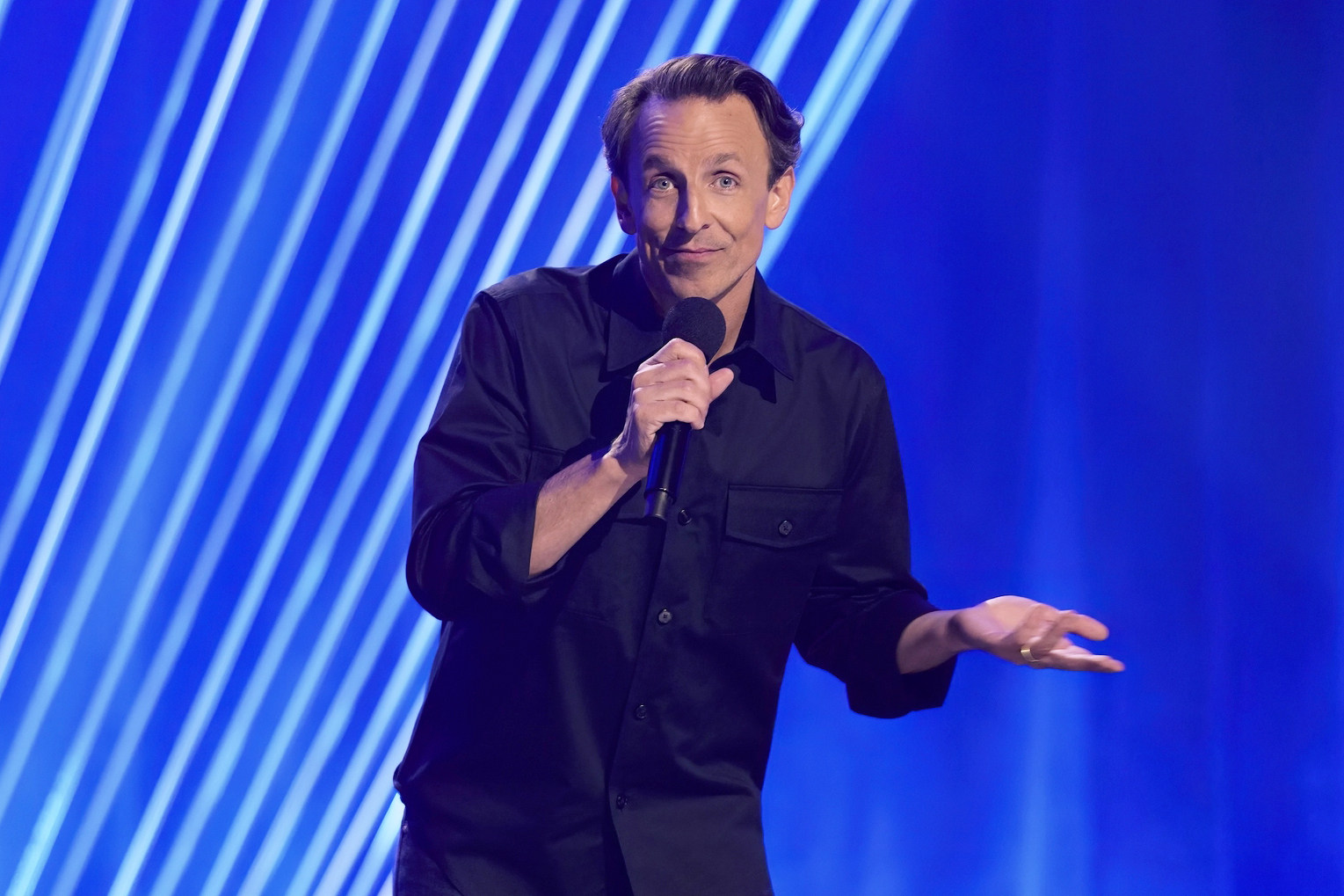 Seth Meyers in a still from Seth Meyers: Dad Man Walking. The comedian, known for political commentary, goes into family mode in his new HBO/Max comedy special, which he says allows him to find balance. Photo: HBO via AP