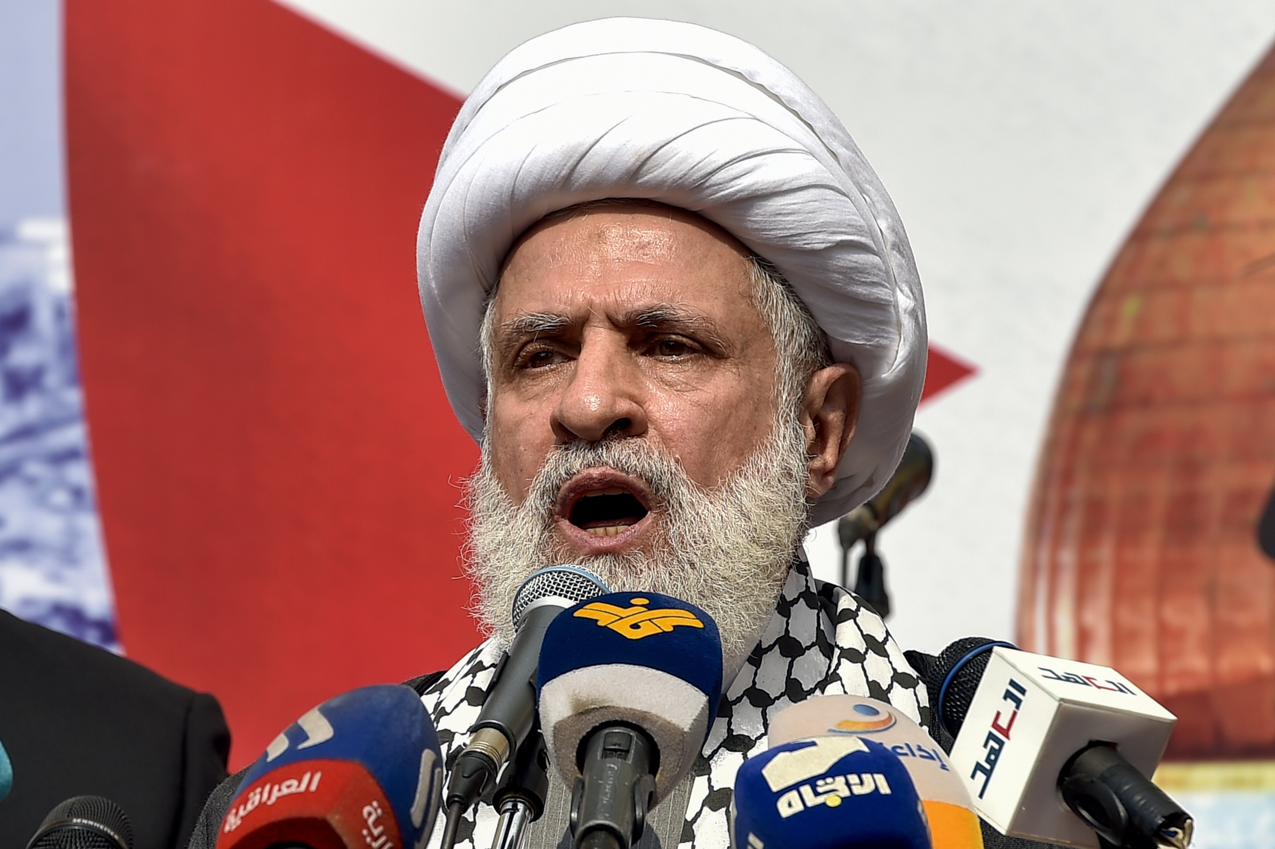 Hezbollah’s Naim Qassem speaks during a rally in southern Beirut, Lebanon, in October 2023. Photo: EPA-EFE