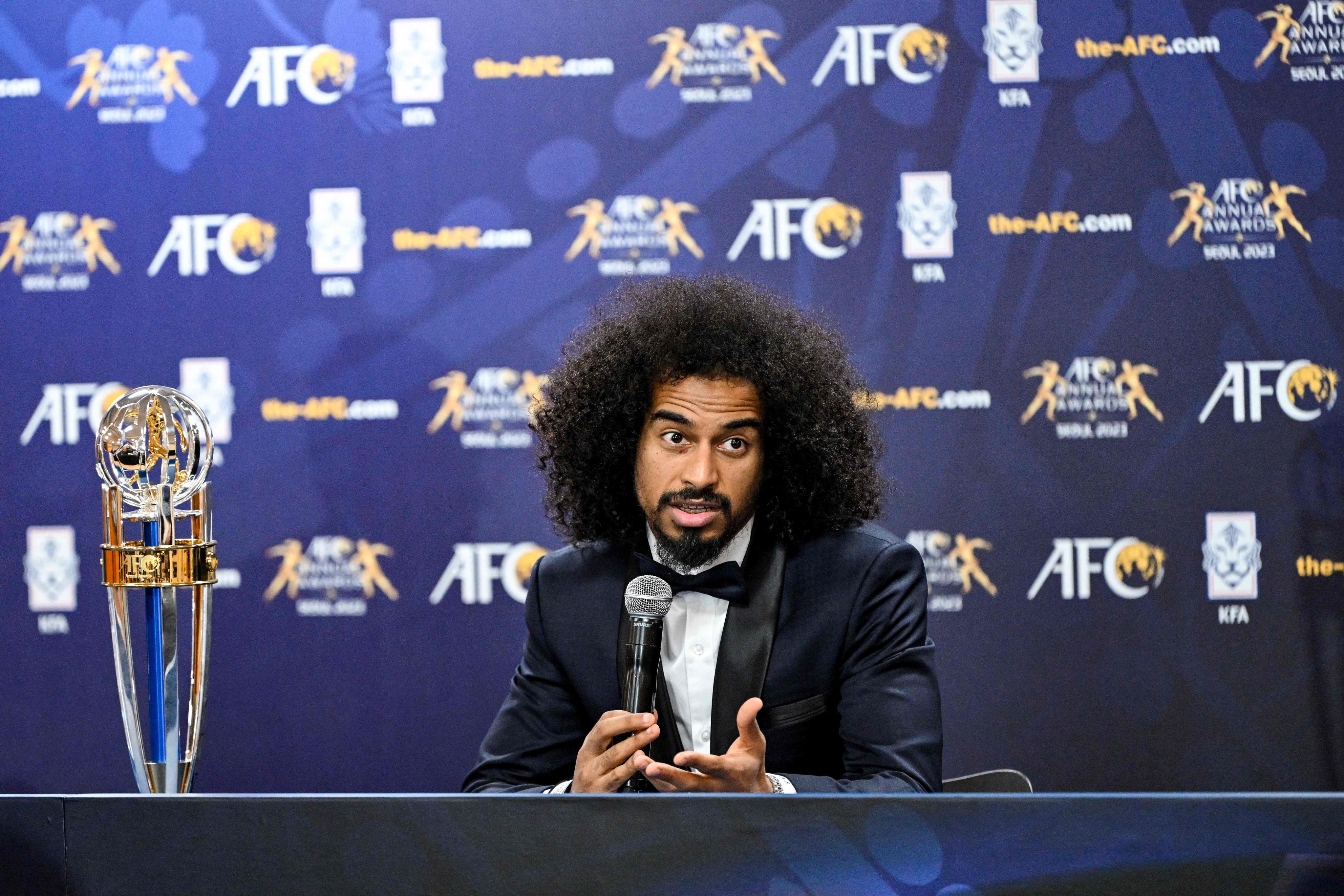 Qatar’s forward Akram Afif speaks during a press conference after winning the AFC player of the year award. Photo: AFP