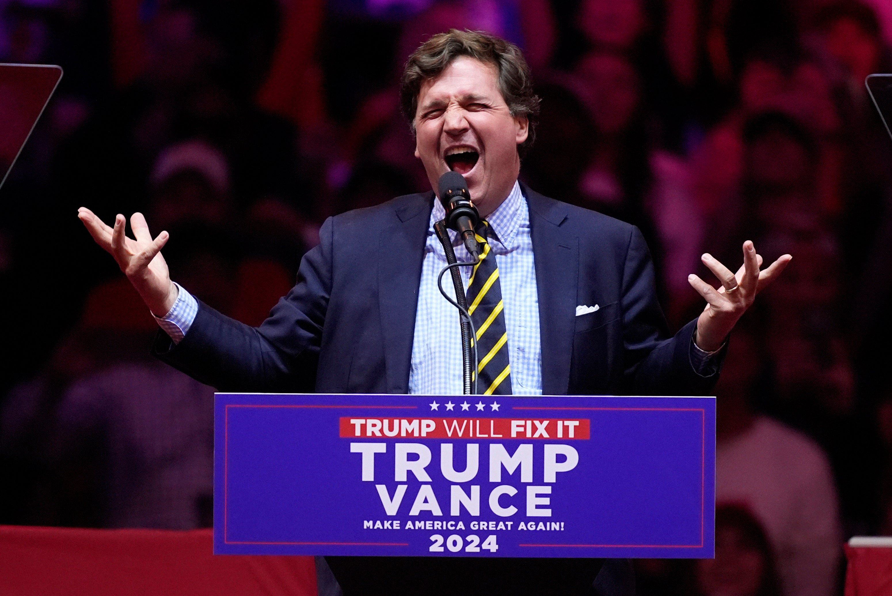 Ex-Fox News host Tucker Carlson speaks at Donald Trump’s campaign rally in Madison Square Garden on Sunday. Photo: AP