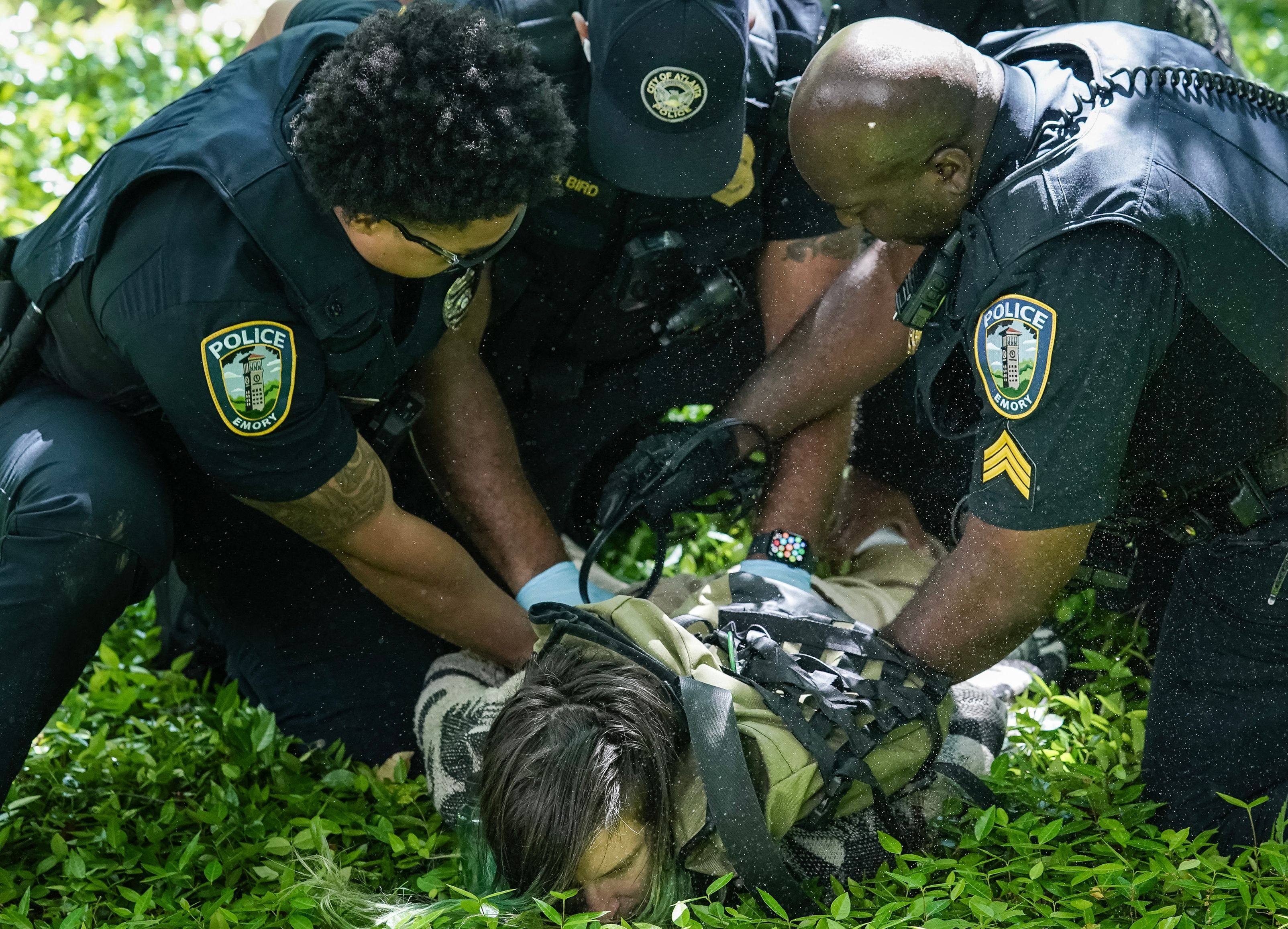 Police detain a demonstrator during a pro-Palestinian protest at Emory University on April 25, in Atlanta, Georgia. Some student protests at US colleges have turned violent. Photo: AFP