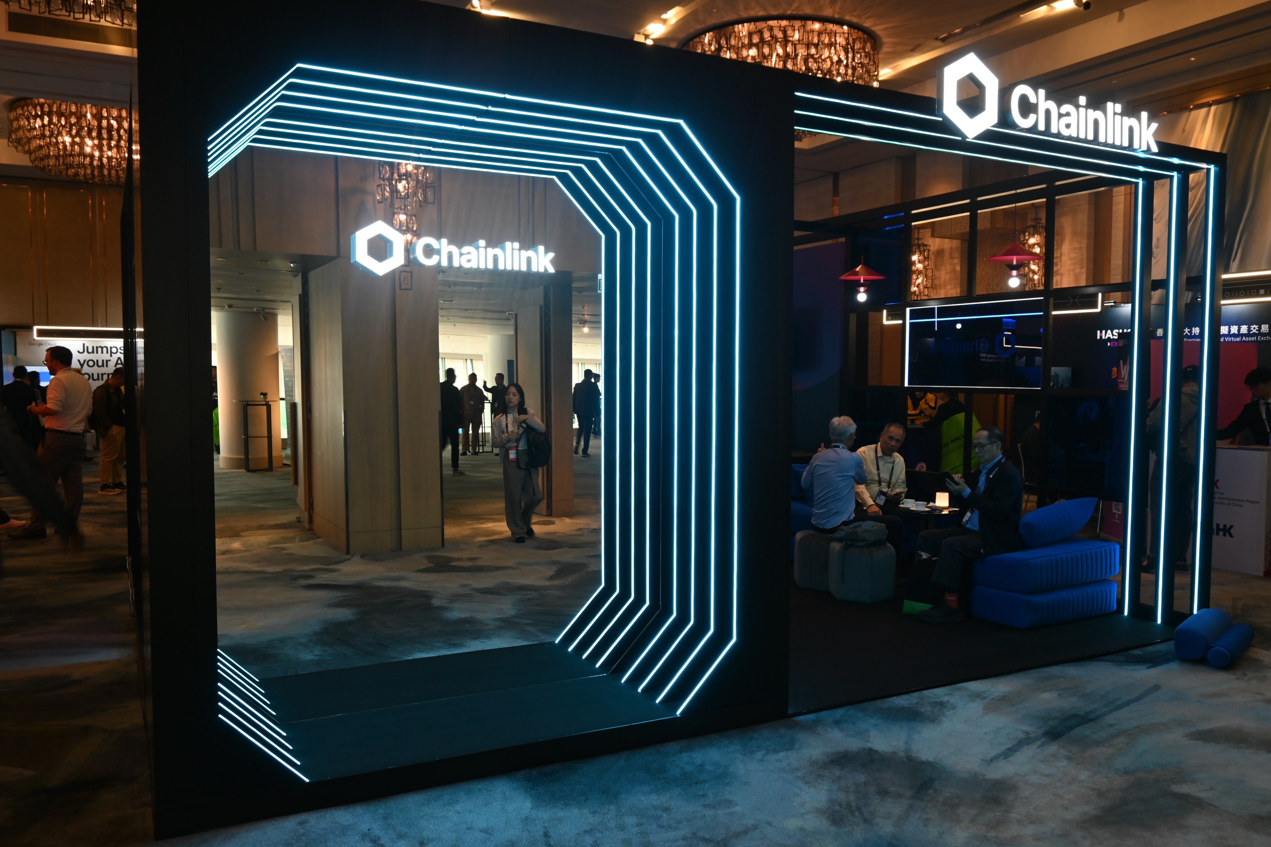 Chainlink’s booth seen on the first day of its SmartCon event at Kerry Hotel in Hung Hom on Wednesday. Photo: Matt Haldane