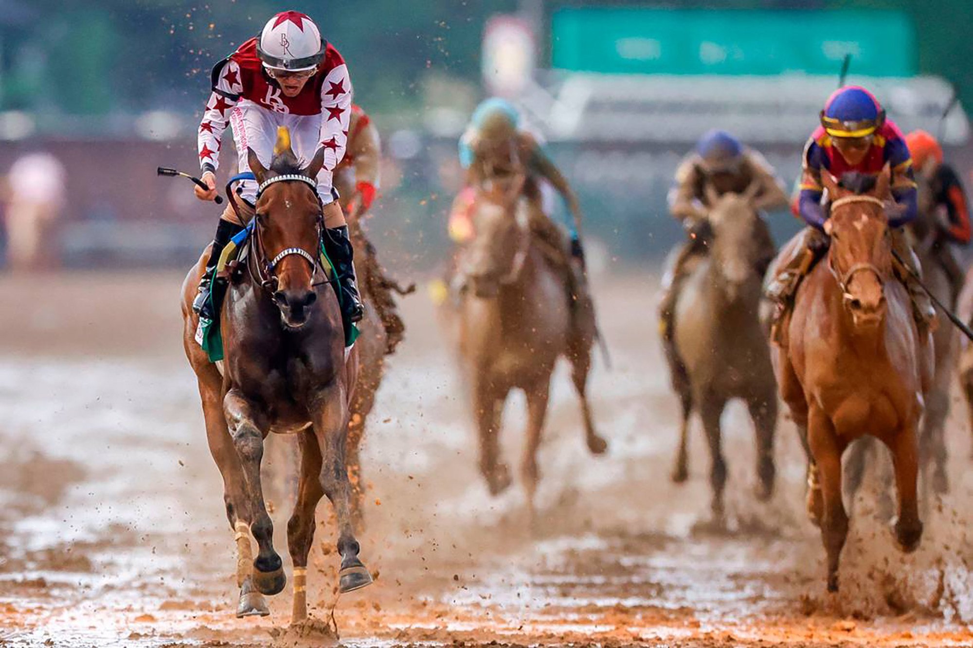 Thorpedo Anna (left) with Brian Joseph Hernandez Jnr up, wins the 150th running of the Kentucky Oaks at Churchill Downs on Friday, May 3. Photo: TNS