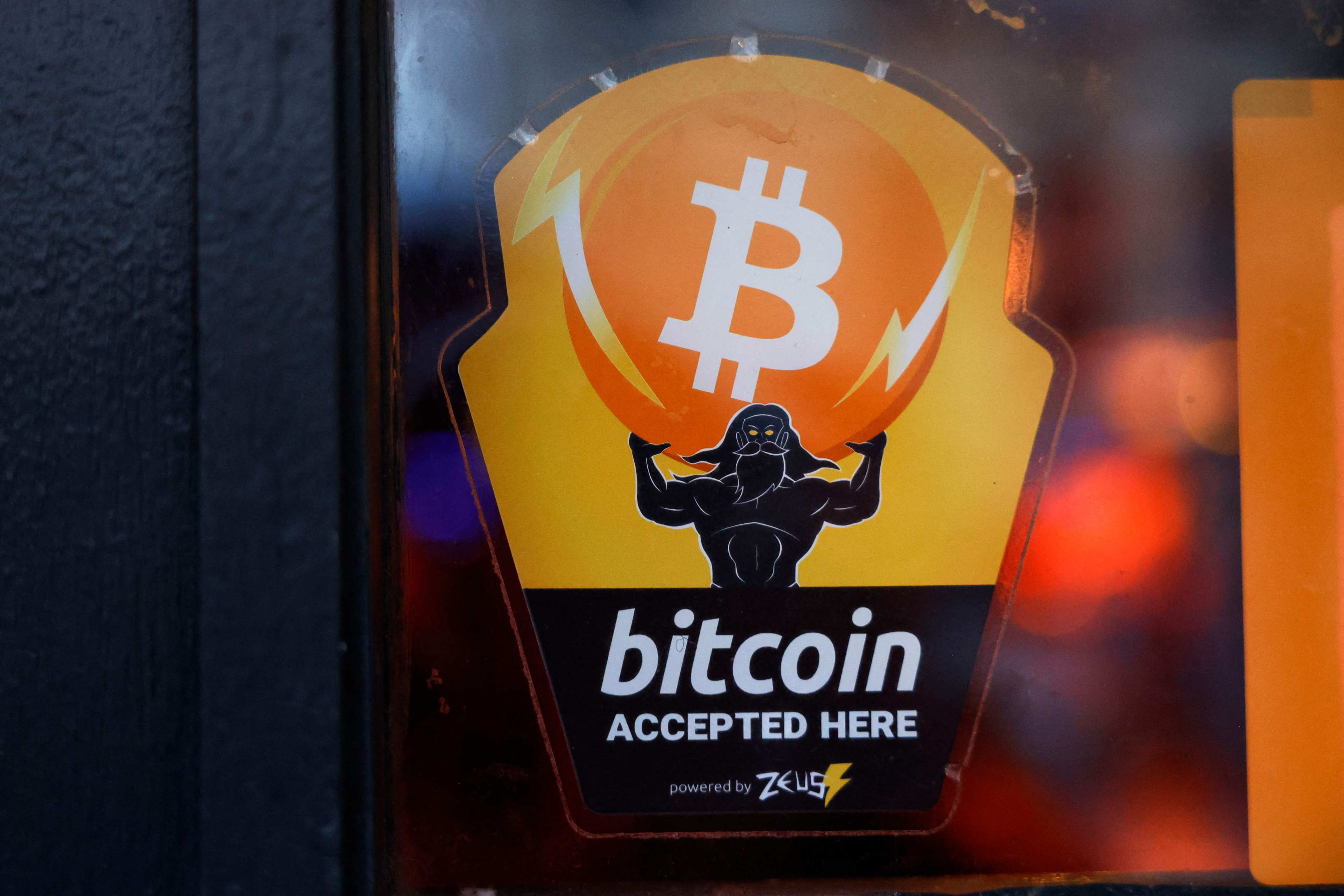 A Bitcoin Accepted Here sticker is seen at Pubkey Bar on February 29, 2024 in New York City. Photo: Getty Images via AFP