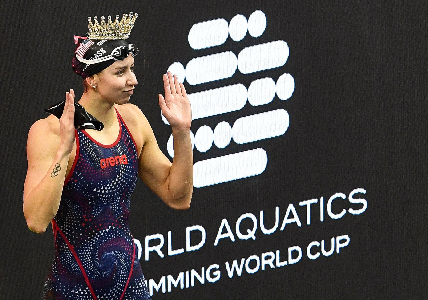 US’ Kate Douglass celebrates after victory in the women’s 100m medley final. Photo: AFP