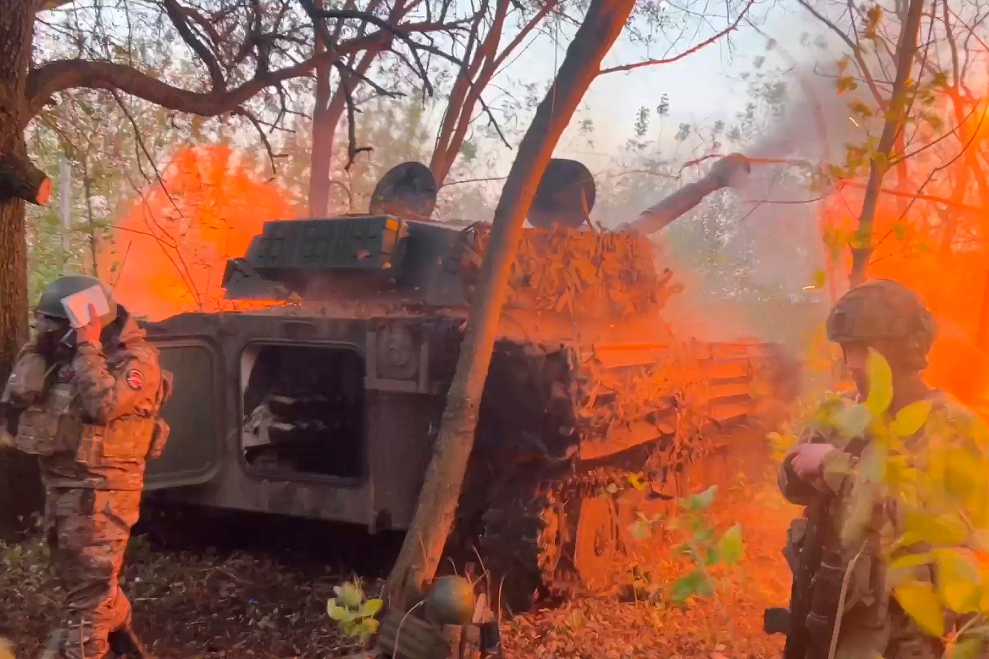 A Russian Gvozdika 120mm howitzer fires towards Ukrainian positions at border area of Russia’s Kursk region, in footage released on Wednesday. Photo: Russian Defence Ministry Press Service via AP