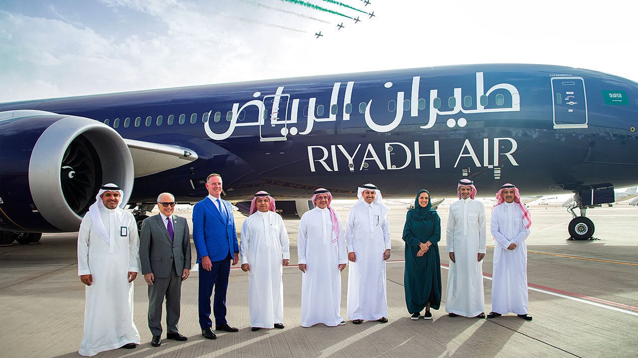 The delivery of a Boeing 787-9 aircraft with Riyadh Air’s livery at the King Khalid International Airport in Riyadh on June 12, 2023. Photo: Riyadh Air